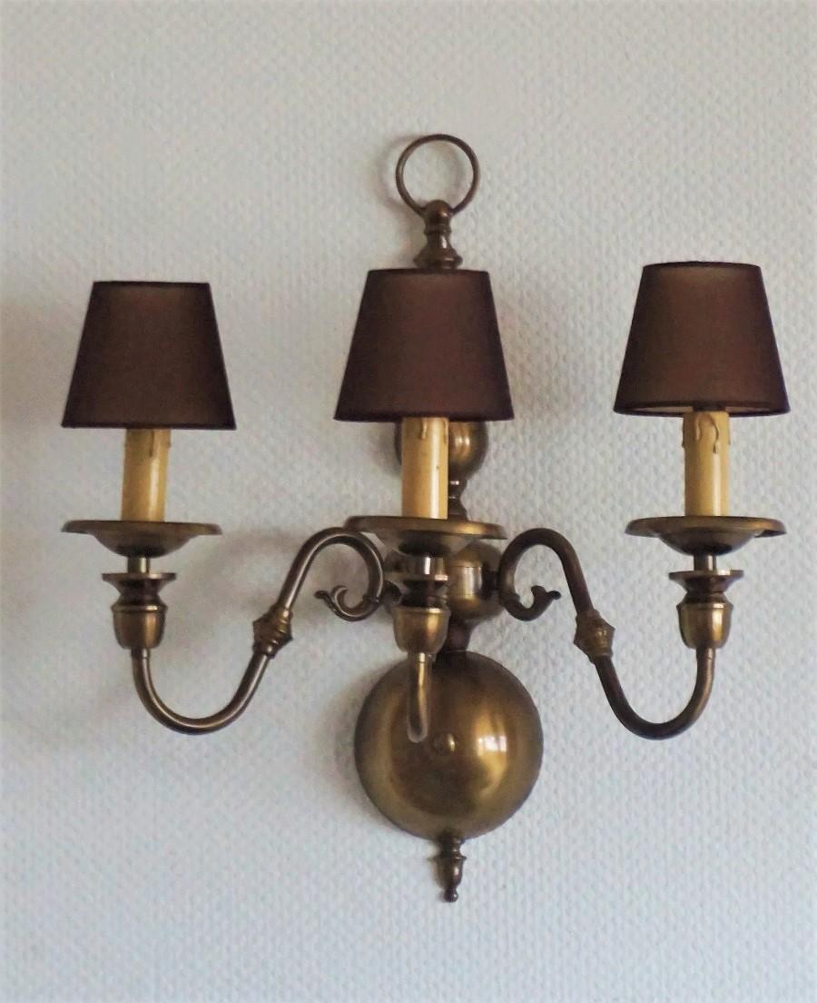 Mid-20th Century Pair of Large Dutch Flemish Brass Three Branch Wall Sconces