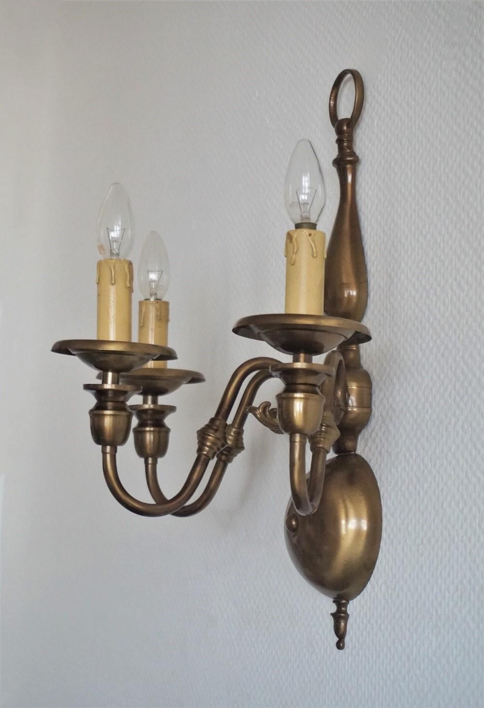Pair of Large Dutch Flemish Brass Three Branch Wall Sconces 1