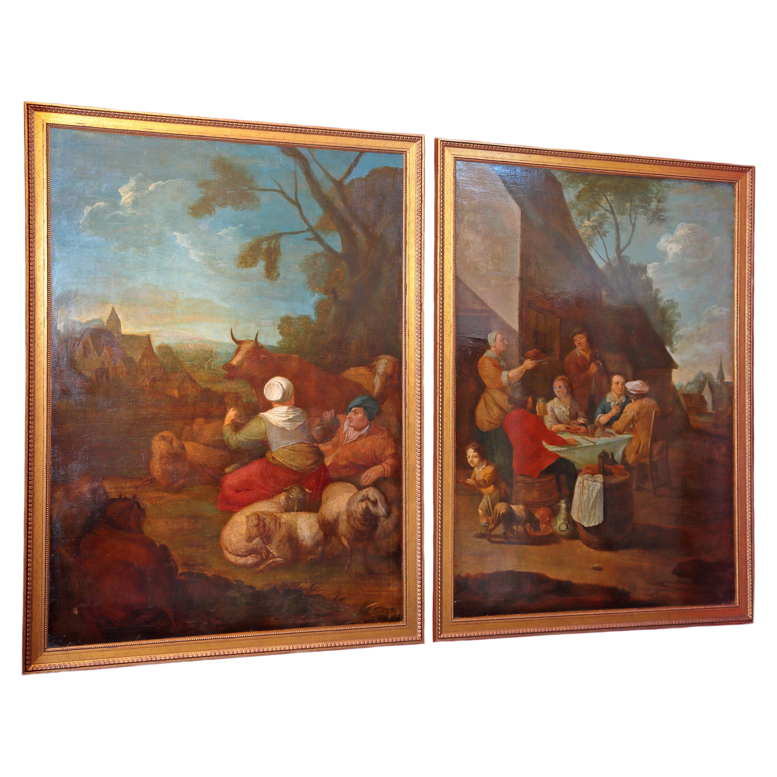 Pair of Large Early 19th Century European Oil on Canvas Paintings