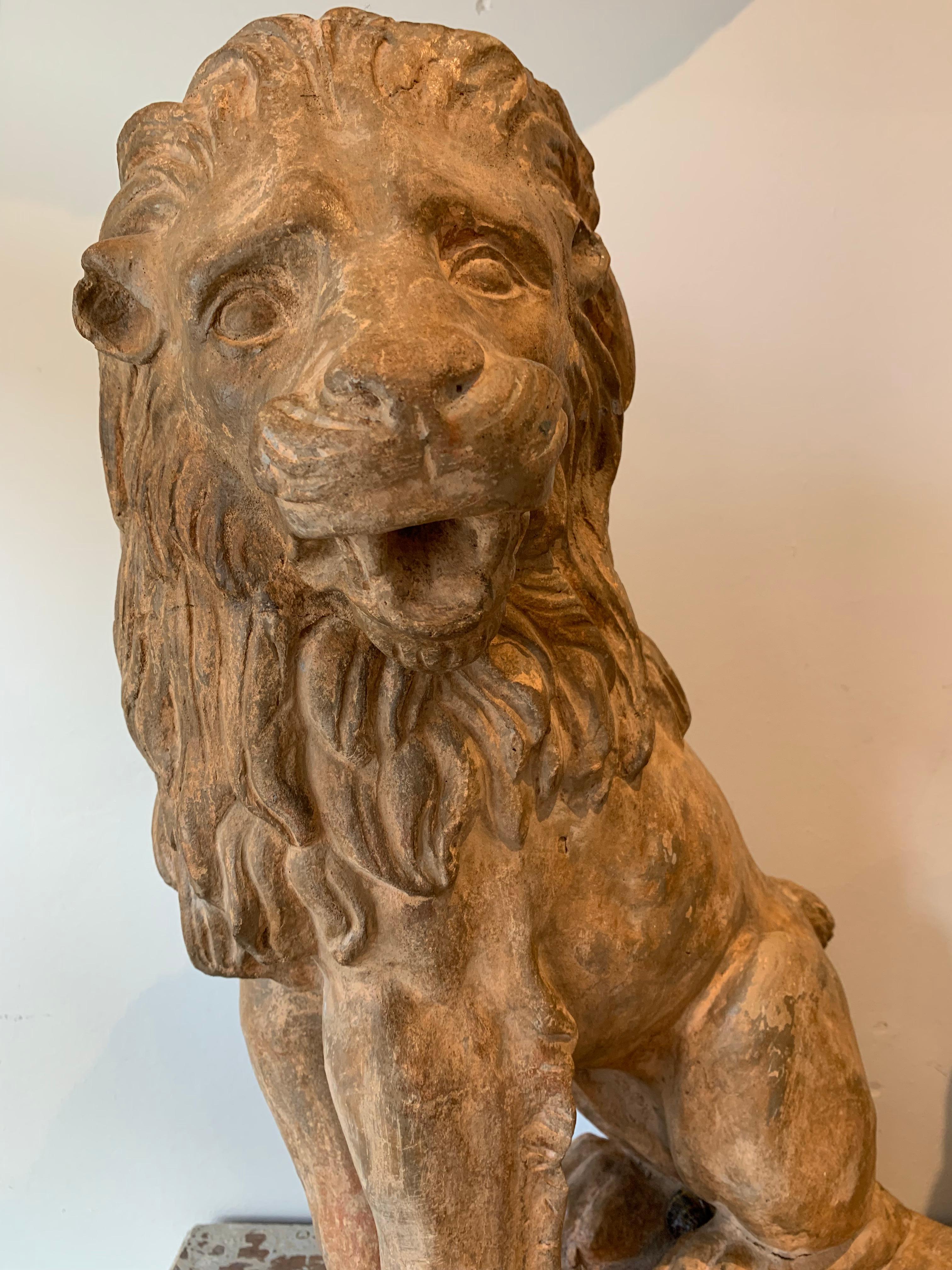 Pair of Large Early 19th Century French Terracotta Honey Coloured Lions  In Good Condition For Sale In London, GB