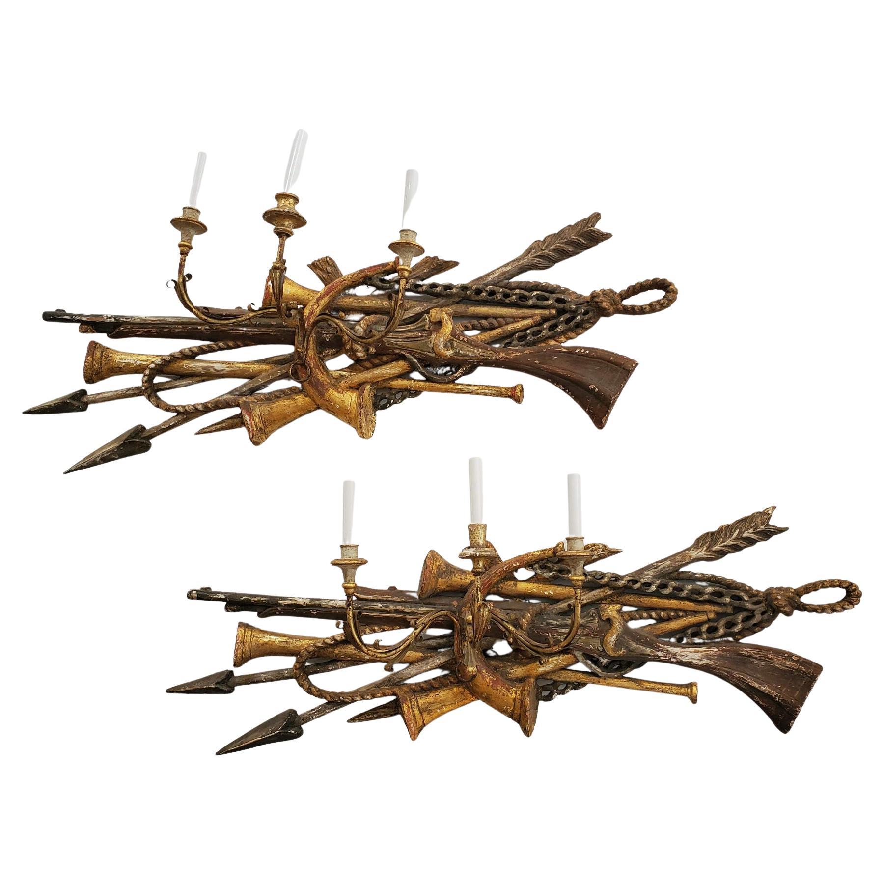 Pair of Large Early 19th Century Louis XVI Style Carved Gilded Wall Sconces