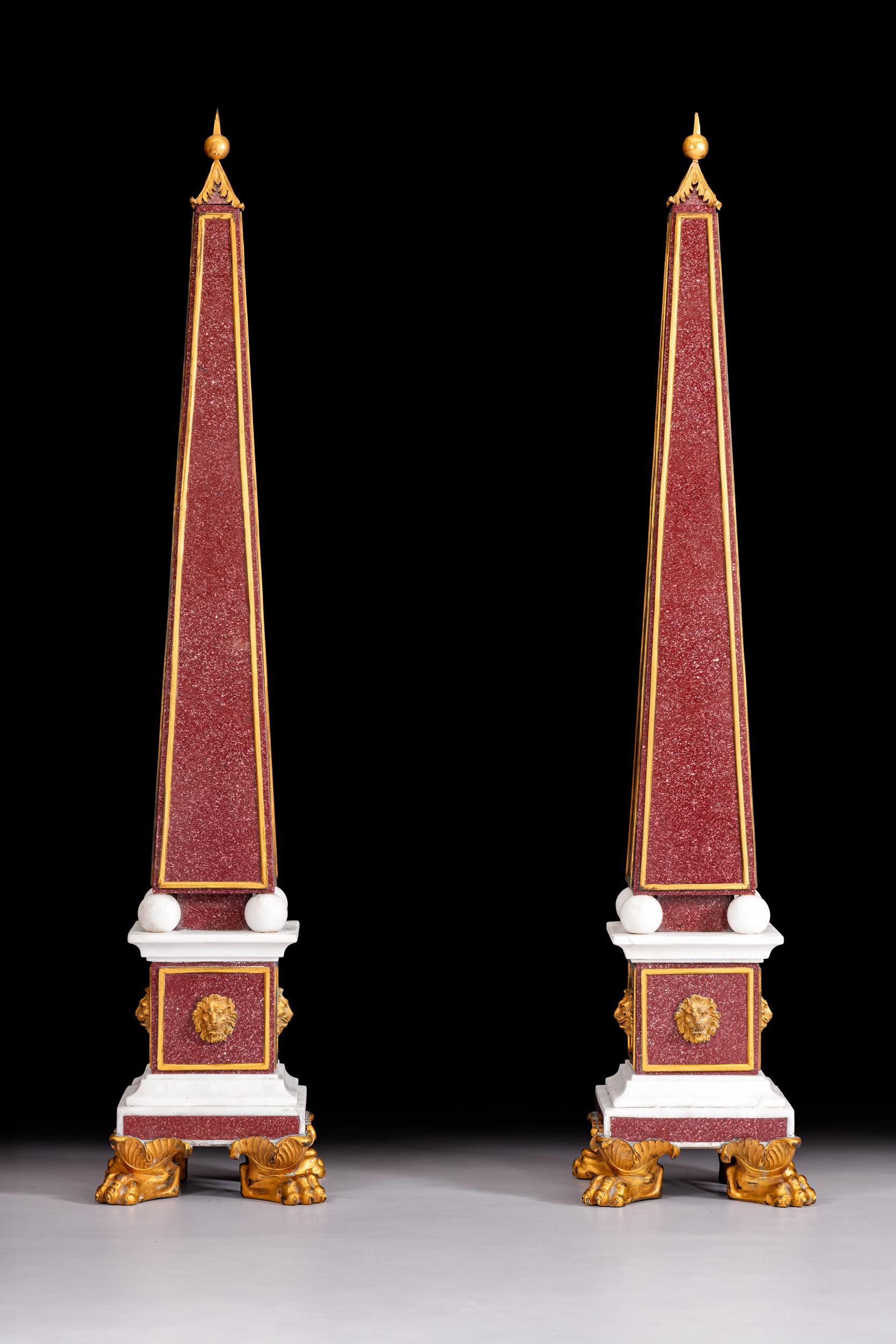 Regency Pair Of Large Early 19th Century Porphyry Marble & Ormolu Mounted Obelisks For Sale