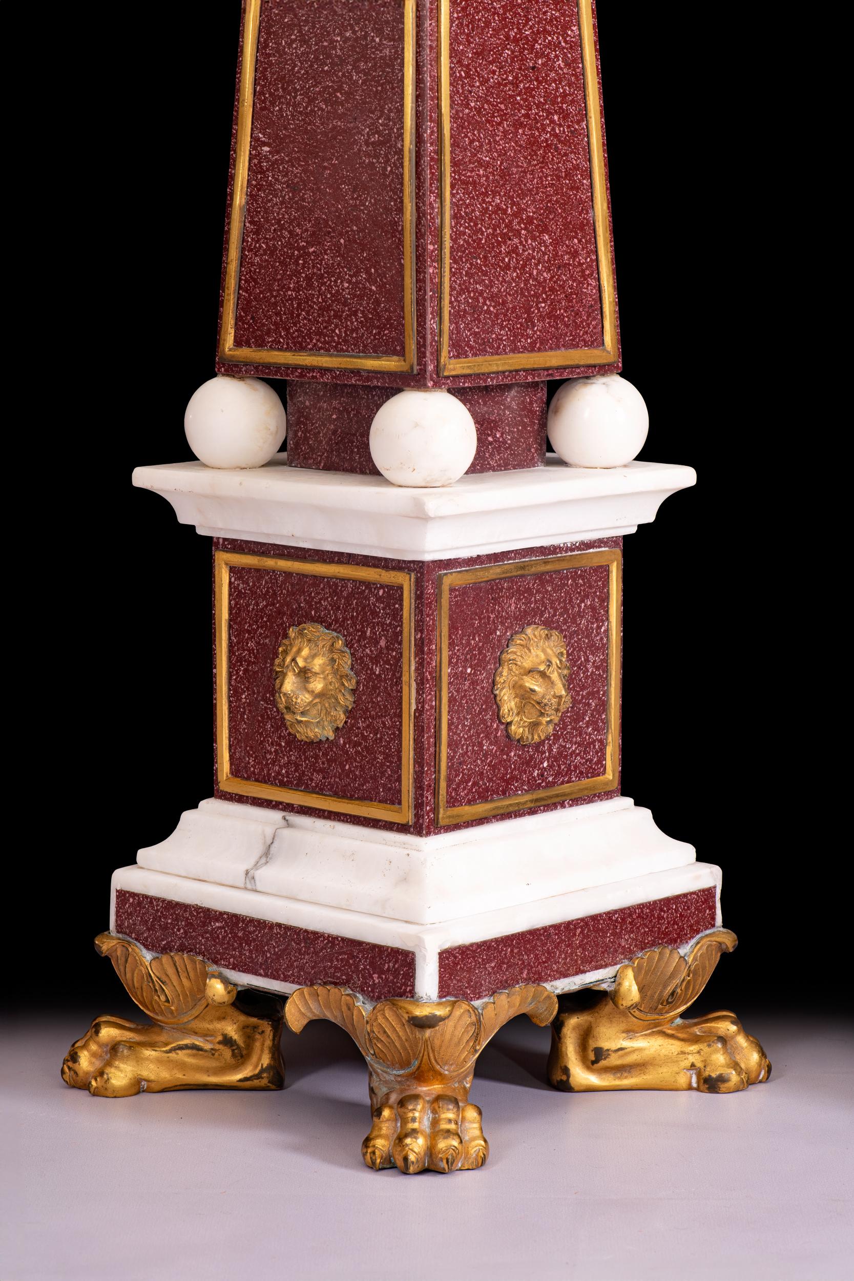 Italian Pair Of Large Early 19th Century Porphyry Marble & Ormolu Mounted Obelisks For Sale