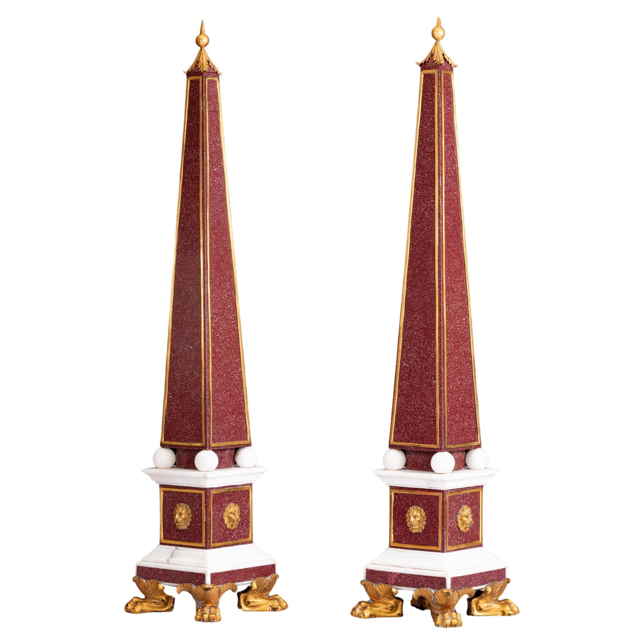 Pair Of Large Early 19th Century Porphyry Marble & Ormolu Mounted Obelisks For Sale