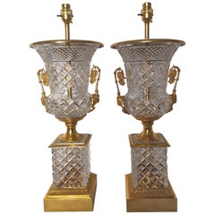 Pair of Large Early 20th Century Cut Crystal and Bronze Lamps