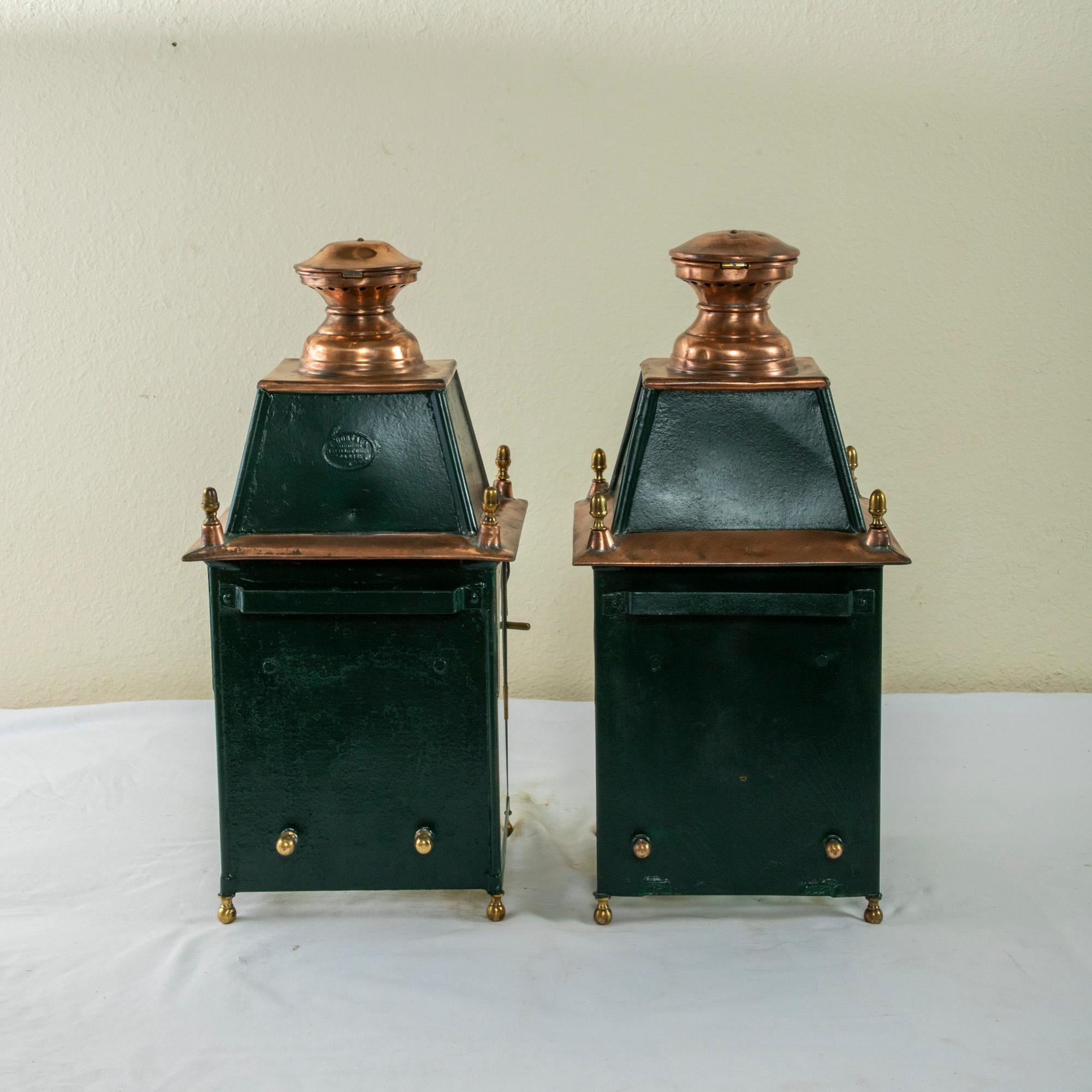 Pair of Large Early 20th Century French Copper and Brass Railroad Lanterns In Good Condition In Fayetteville, AR