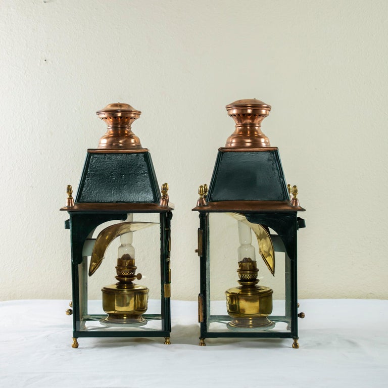 Pair of Large Early 20th Century French Copper and Brass Railroad Lanterns 1