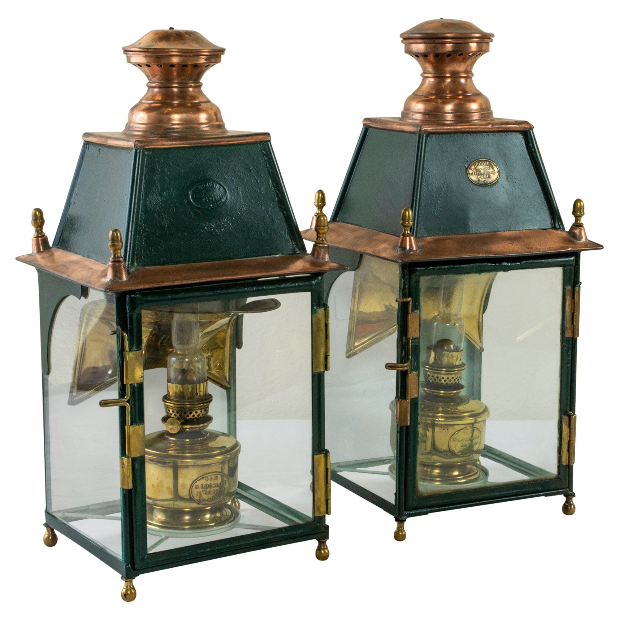 Pair of Large Early 20th Century French Copper and Brass Railroad Lanterns