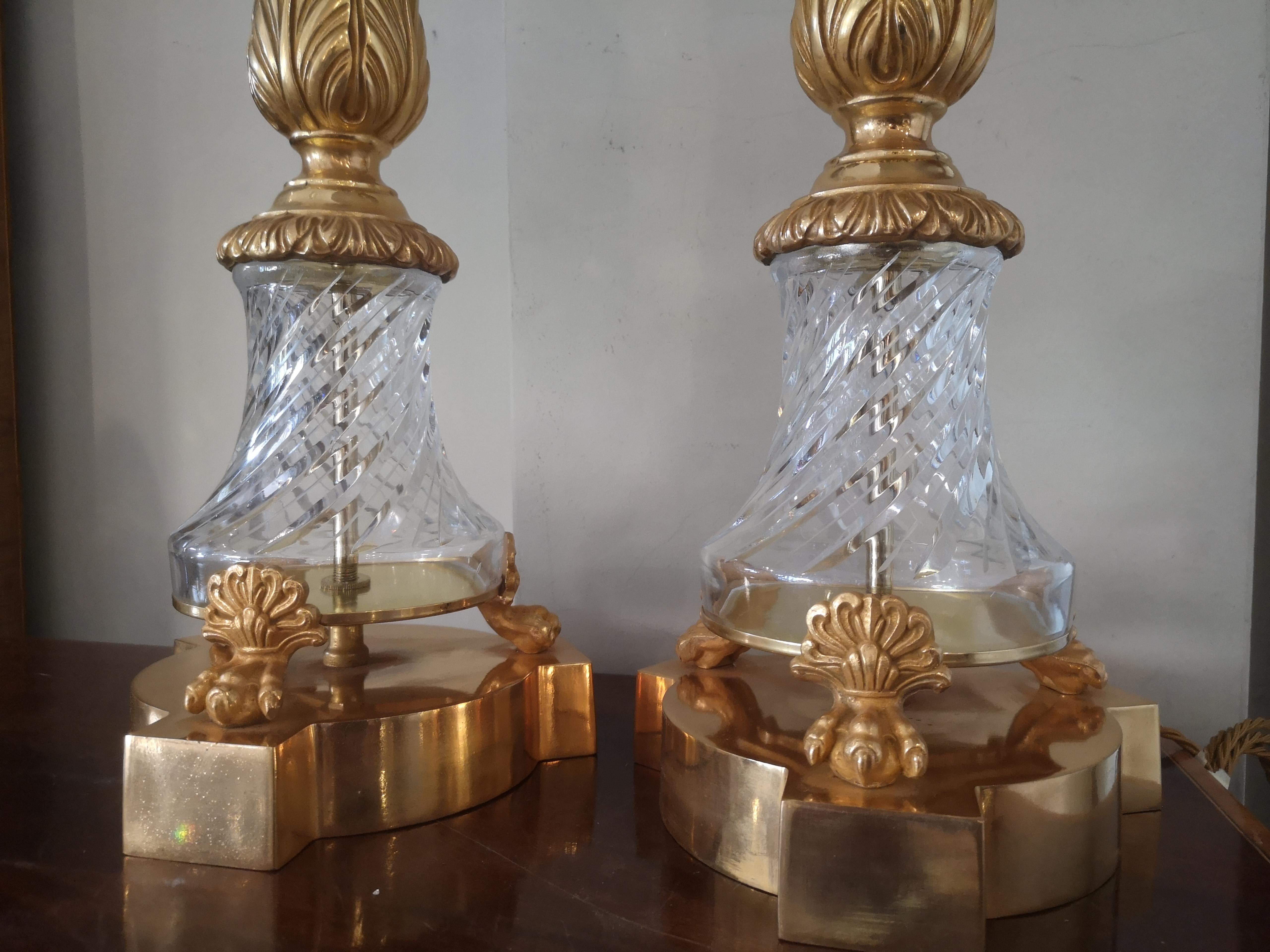 Pair of Large Early 20th Century French Crystal and Bronze Lamps In Good Condition In London, GB