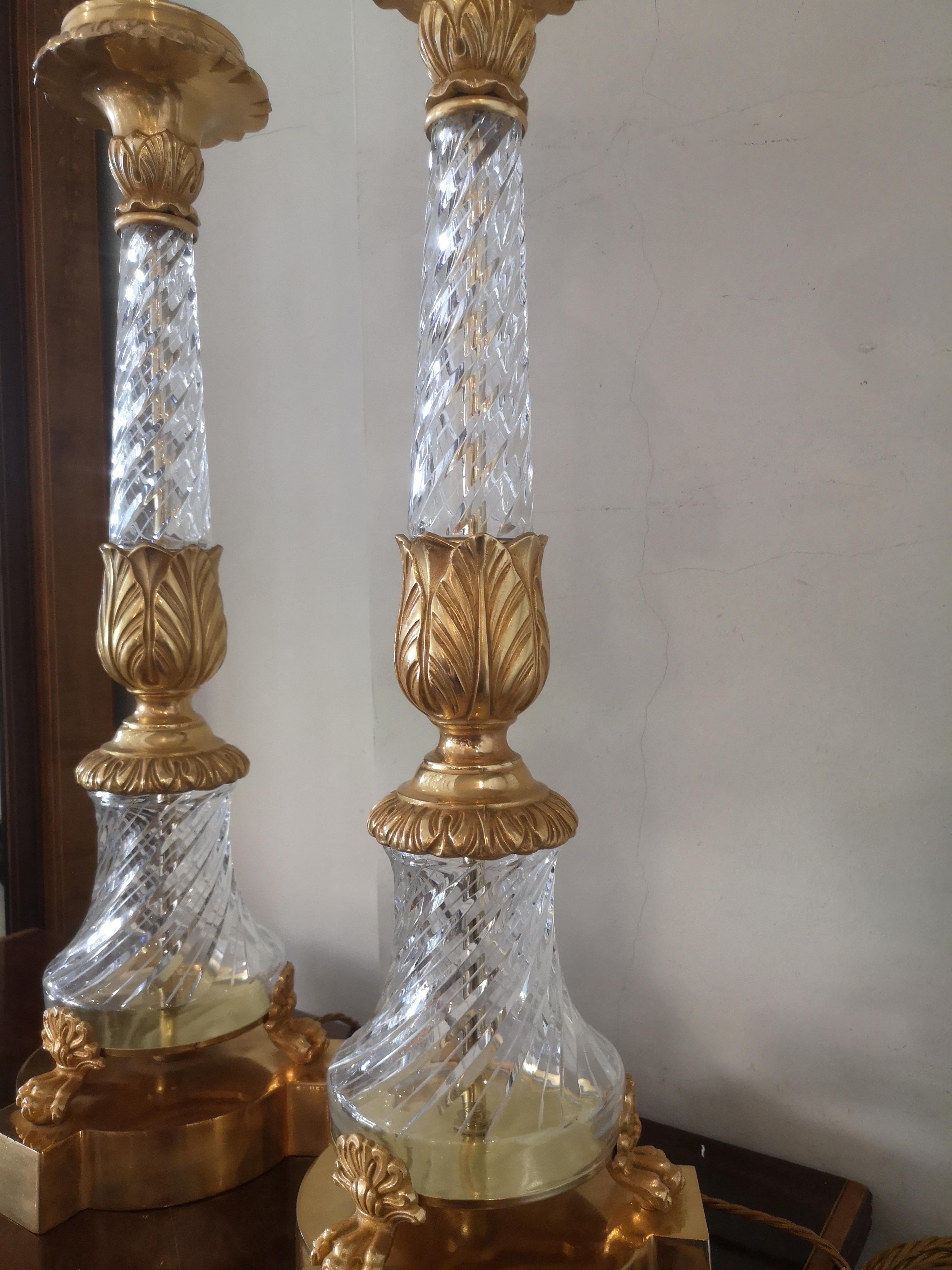 Pair of Large Early 20th Century French Crystal and Bronze Lamps 1