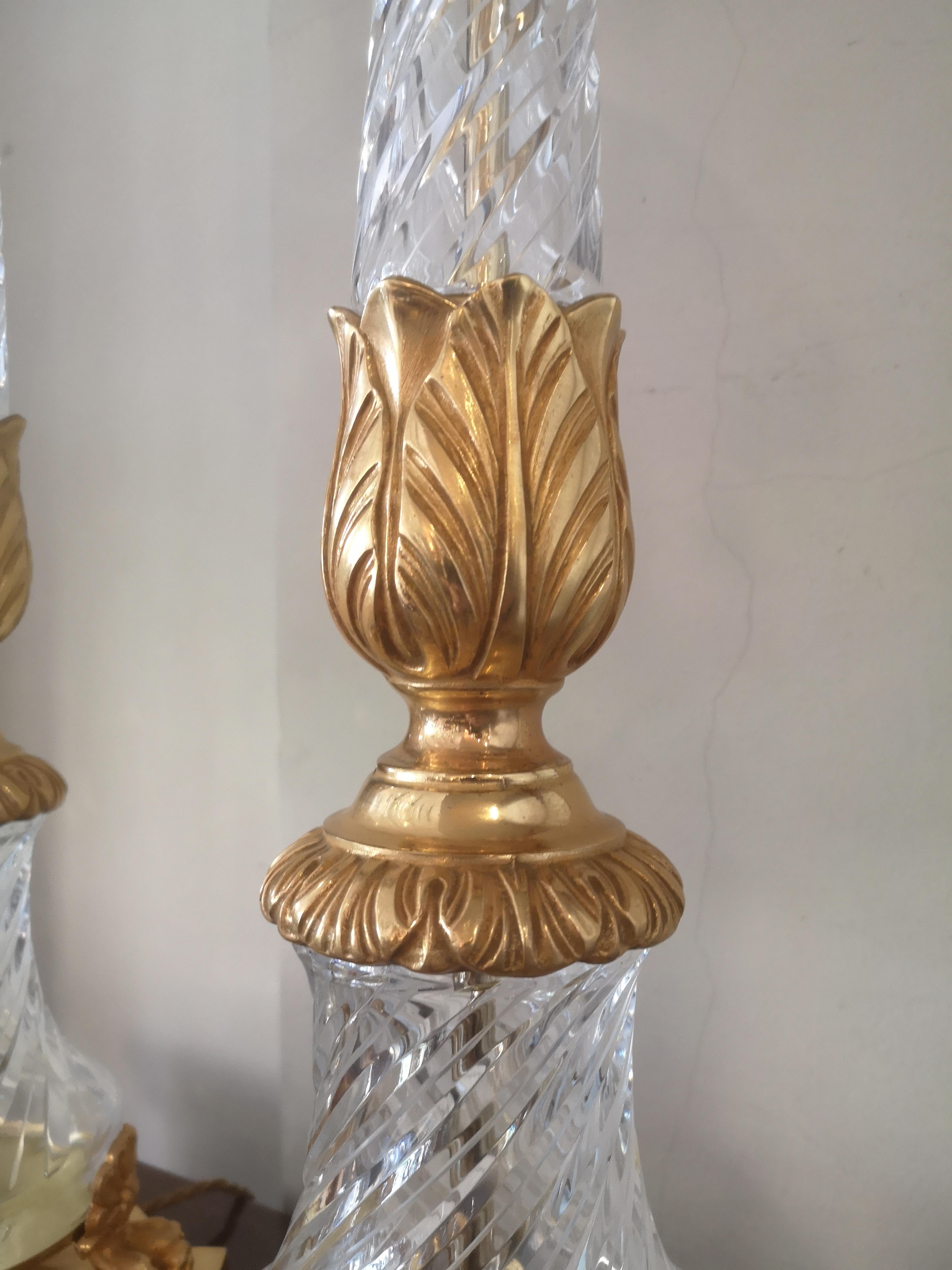 Pair of Large Early 20th Century French Crystal and Bronze Lamps 3