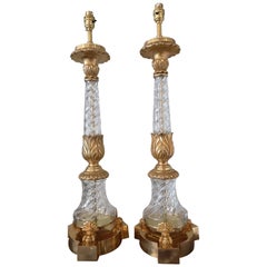 Pair of Large Early 20th Century French Crystal and Bronze Lamps