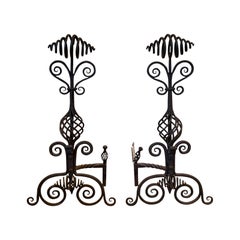 Pair of Large Early 20th Century French Iron Twist Andirons