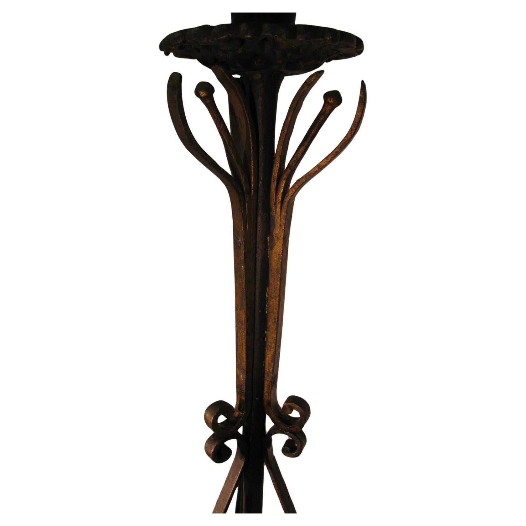 American Pair of Large Early 20th Century Hand Wrought Iron Torchieres Floor Lamps