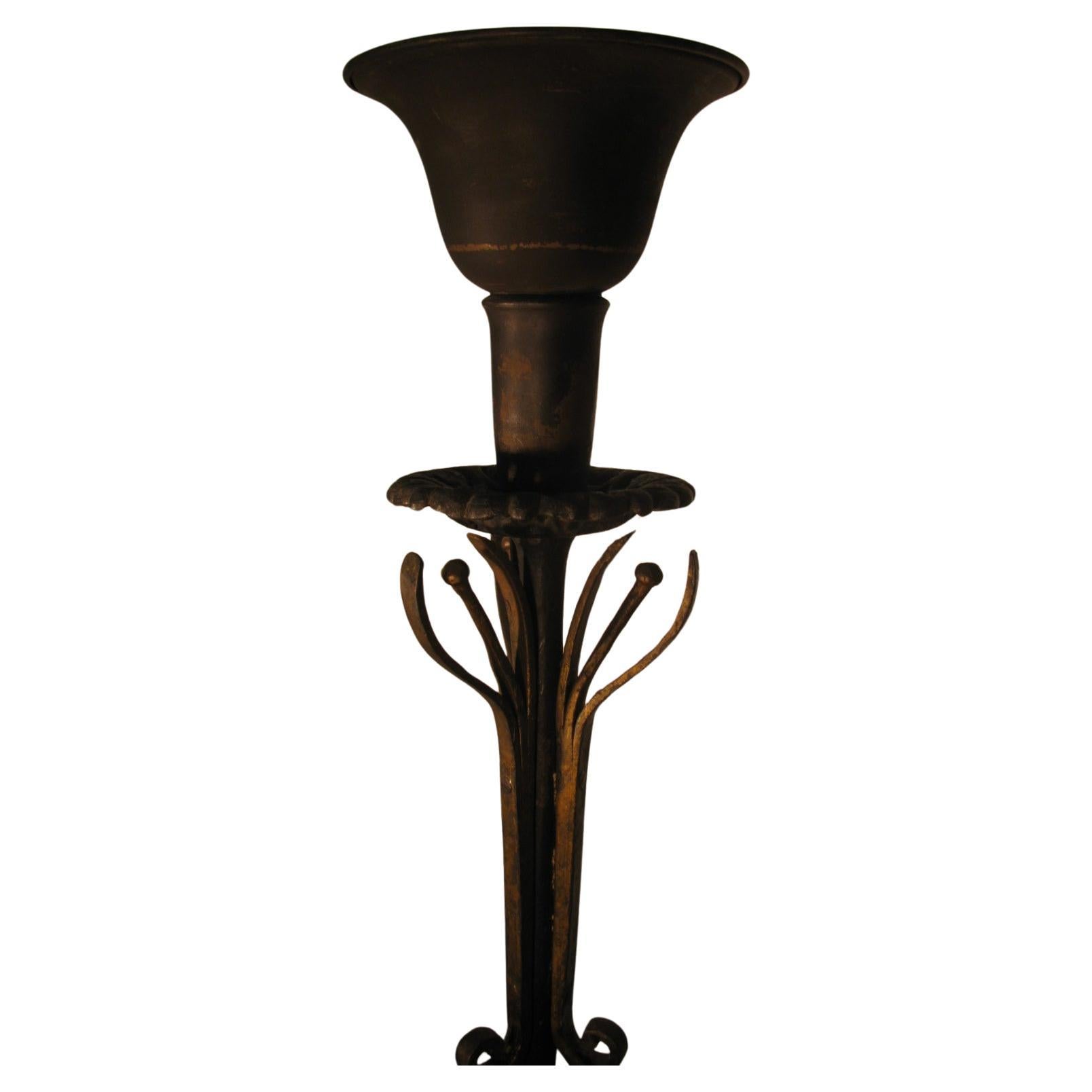 Hand-Crafted Pair of Large Early 20th Century Hand Wrought Iron Torchieres Floor Lamps