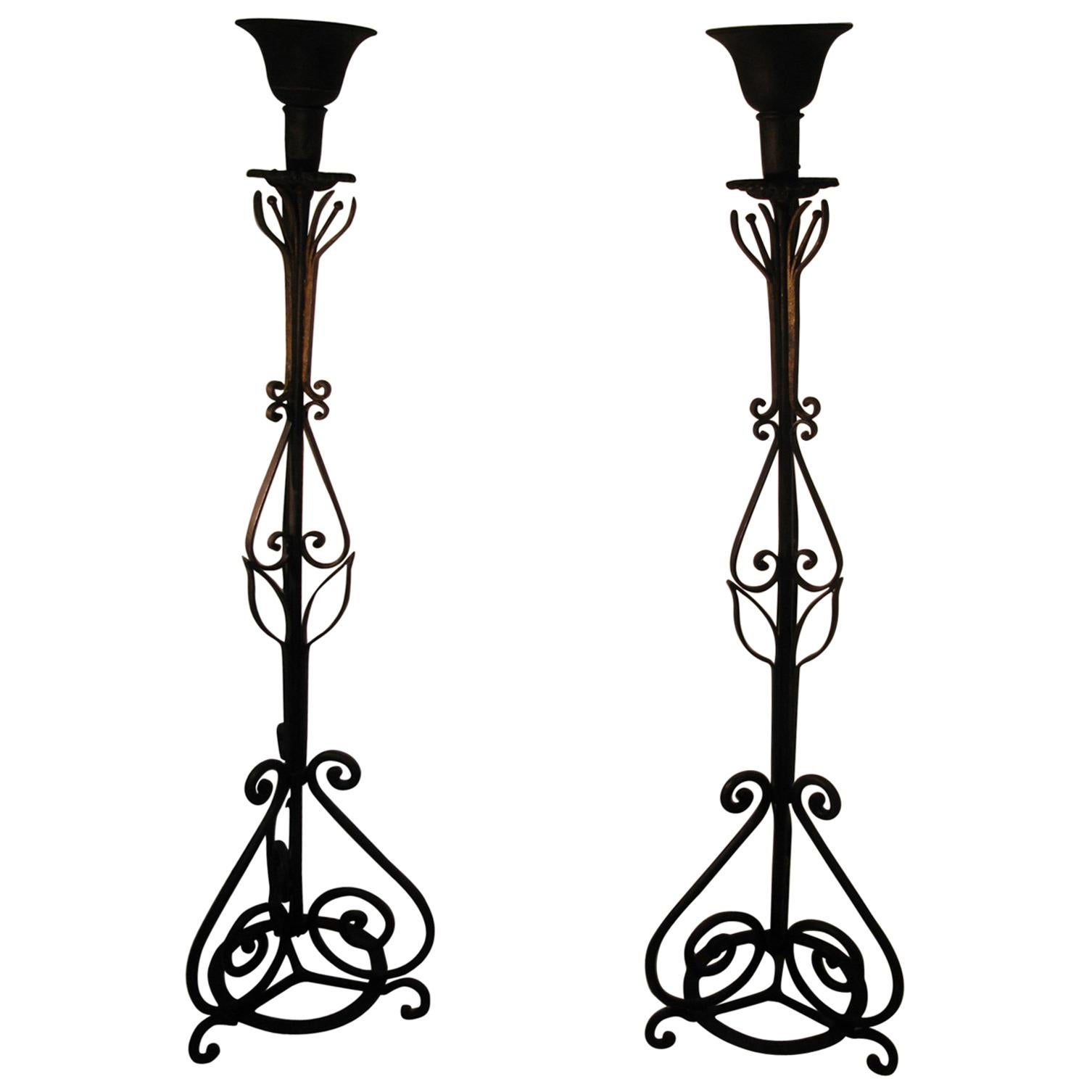 Pair of Large Early 20th Century Hand Wrought Iron Torchieres Floor Lamps 3