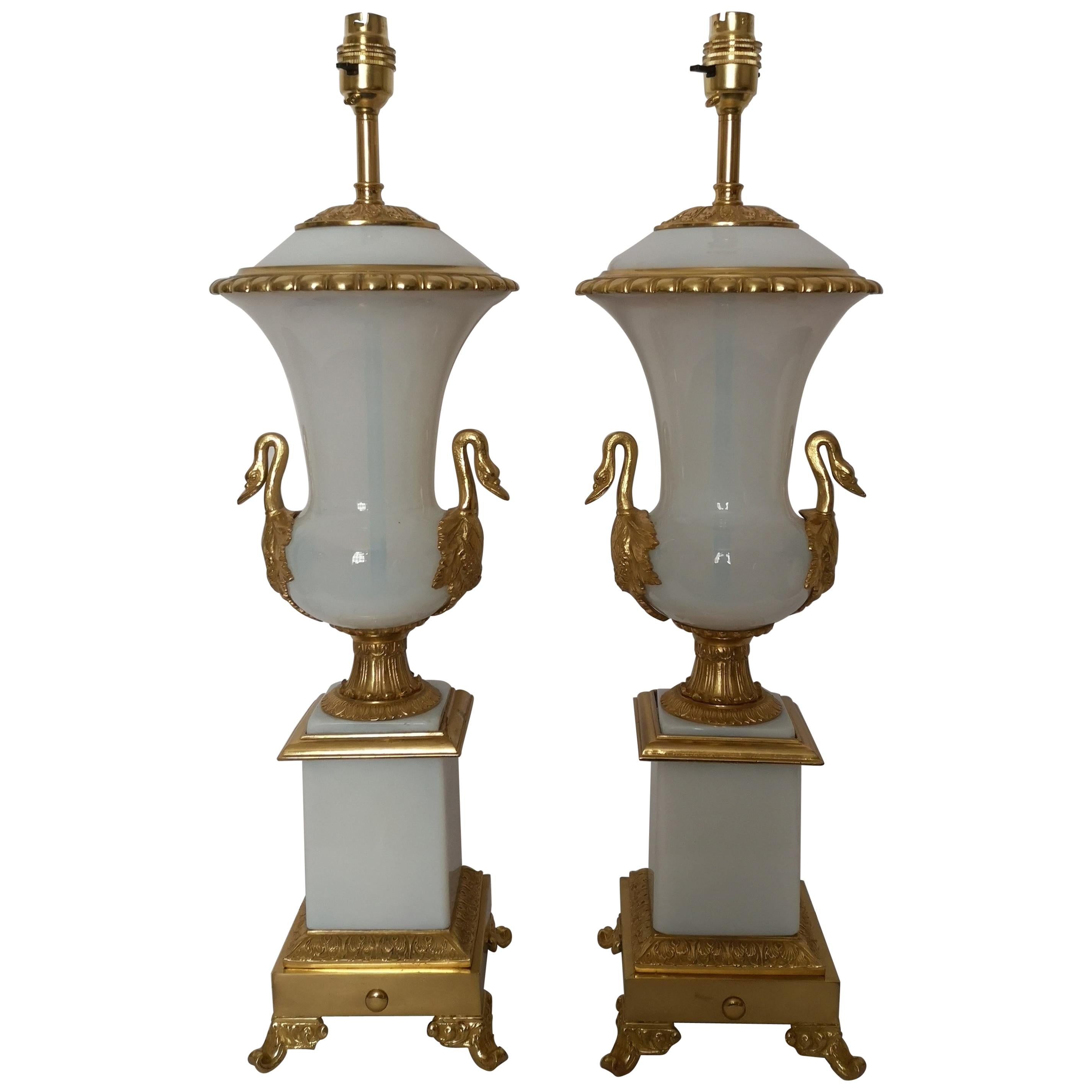 Pair of Large Early 20th Century Opaline and Bronze Lamps