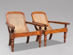 Pair of Large Early 20th Century Teak & Cane Colonial Plantation Chairs