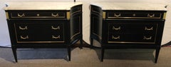 Ebony Hollywood Regency Style Marble-Top Commodes Maison Jansen Attributed, Pair