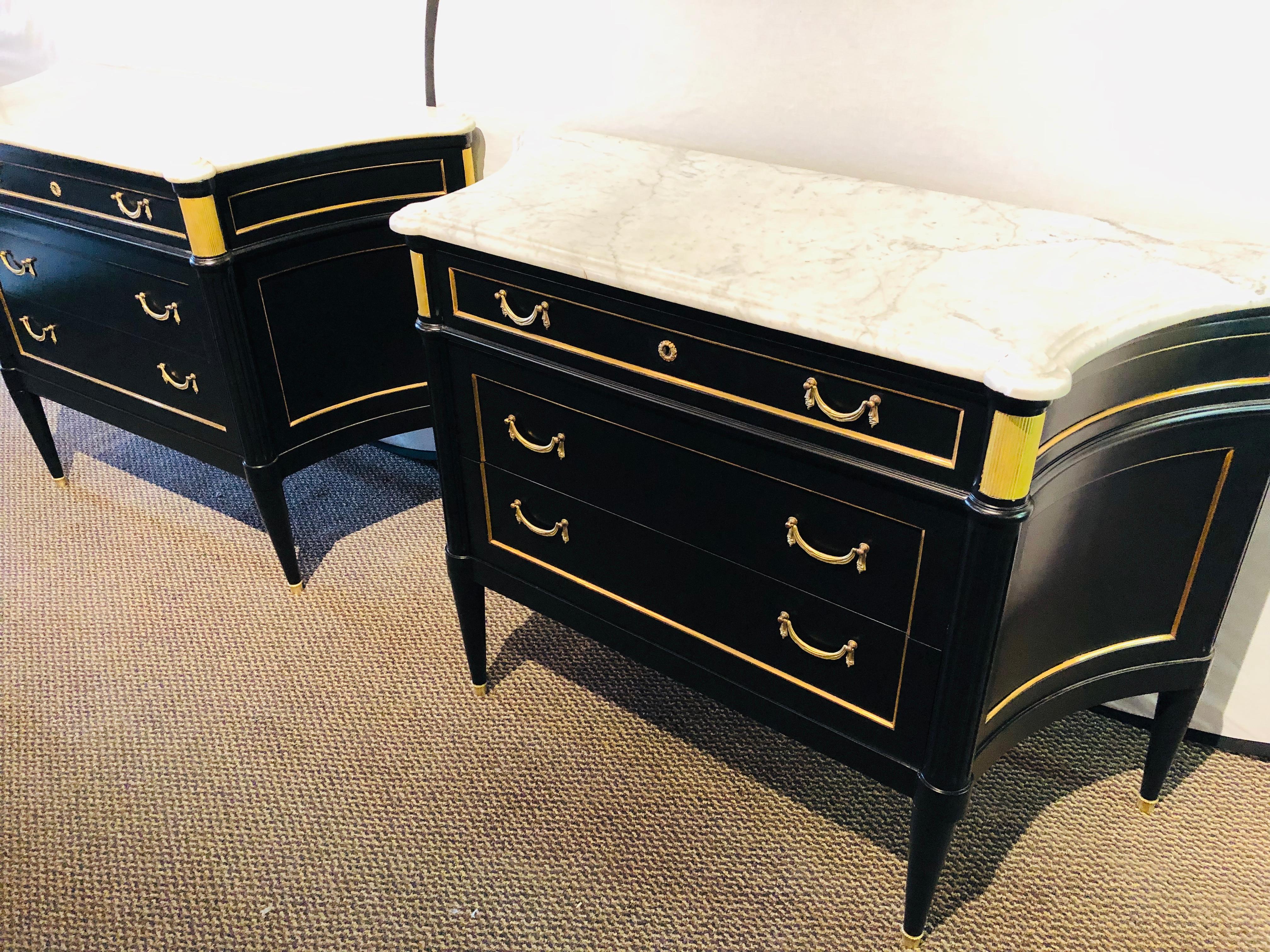 French Ebony Hollywood Regency Style Marble-Top Commodes Maison Jansen Attributed, Pair