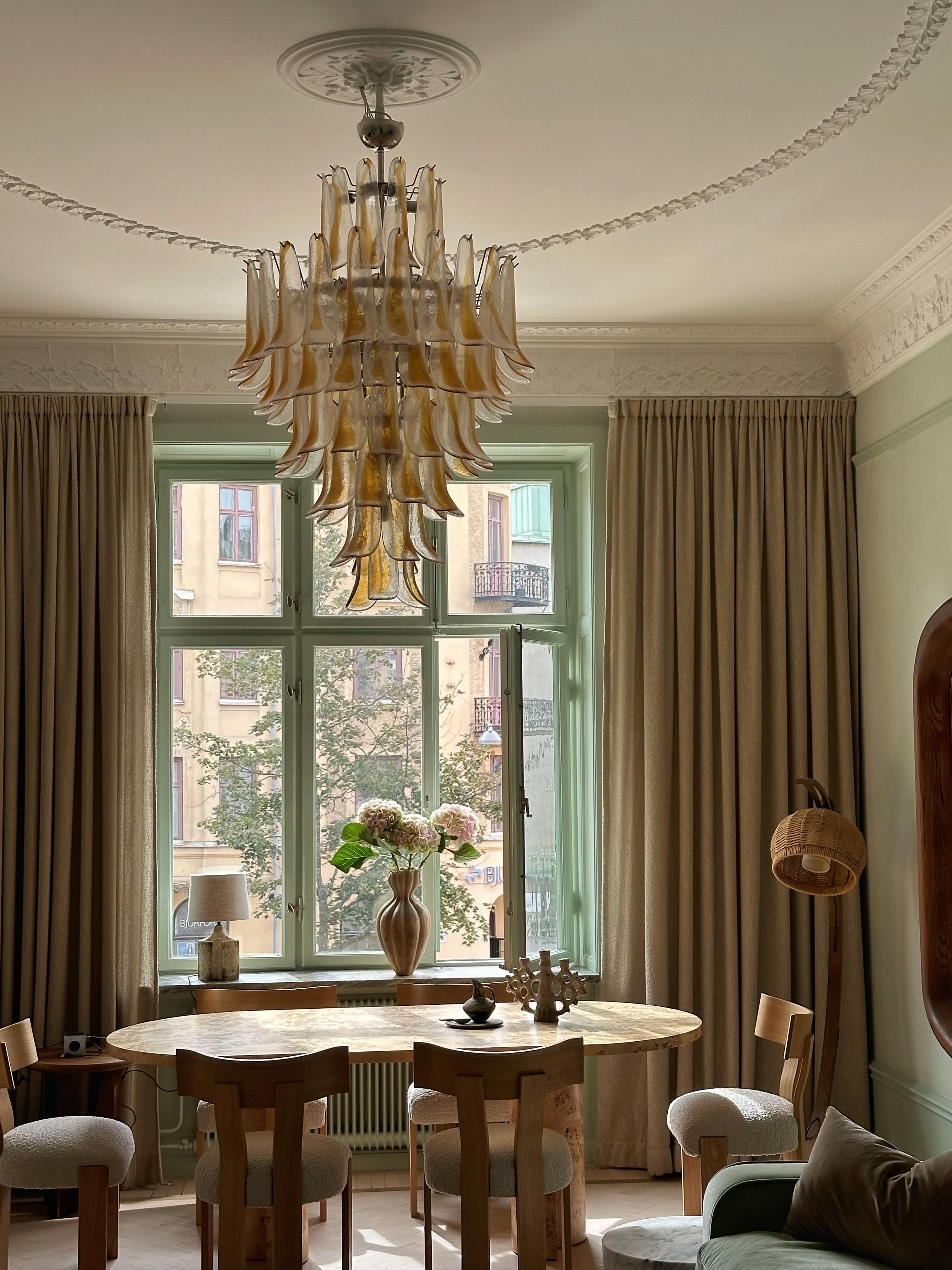 Italian Pair of Large Hugh XL Eclectic Murano Chandeliers Amber Flamingo style For Sale