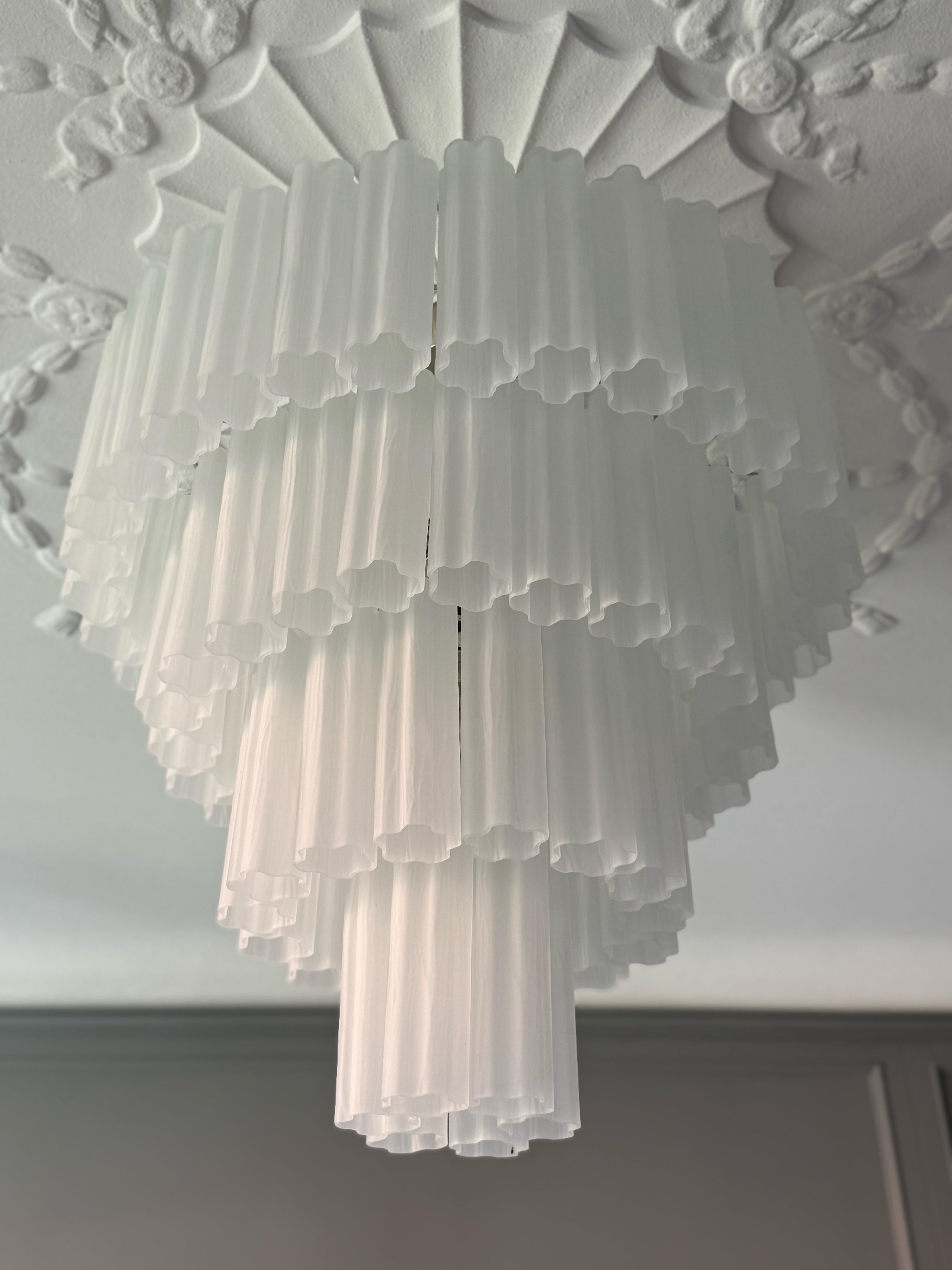 Mid-Century Modern Pair of Large Eclectic White Statement Murano Chandeliers Tronchi Venini style. For Sale