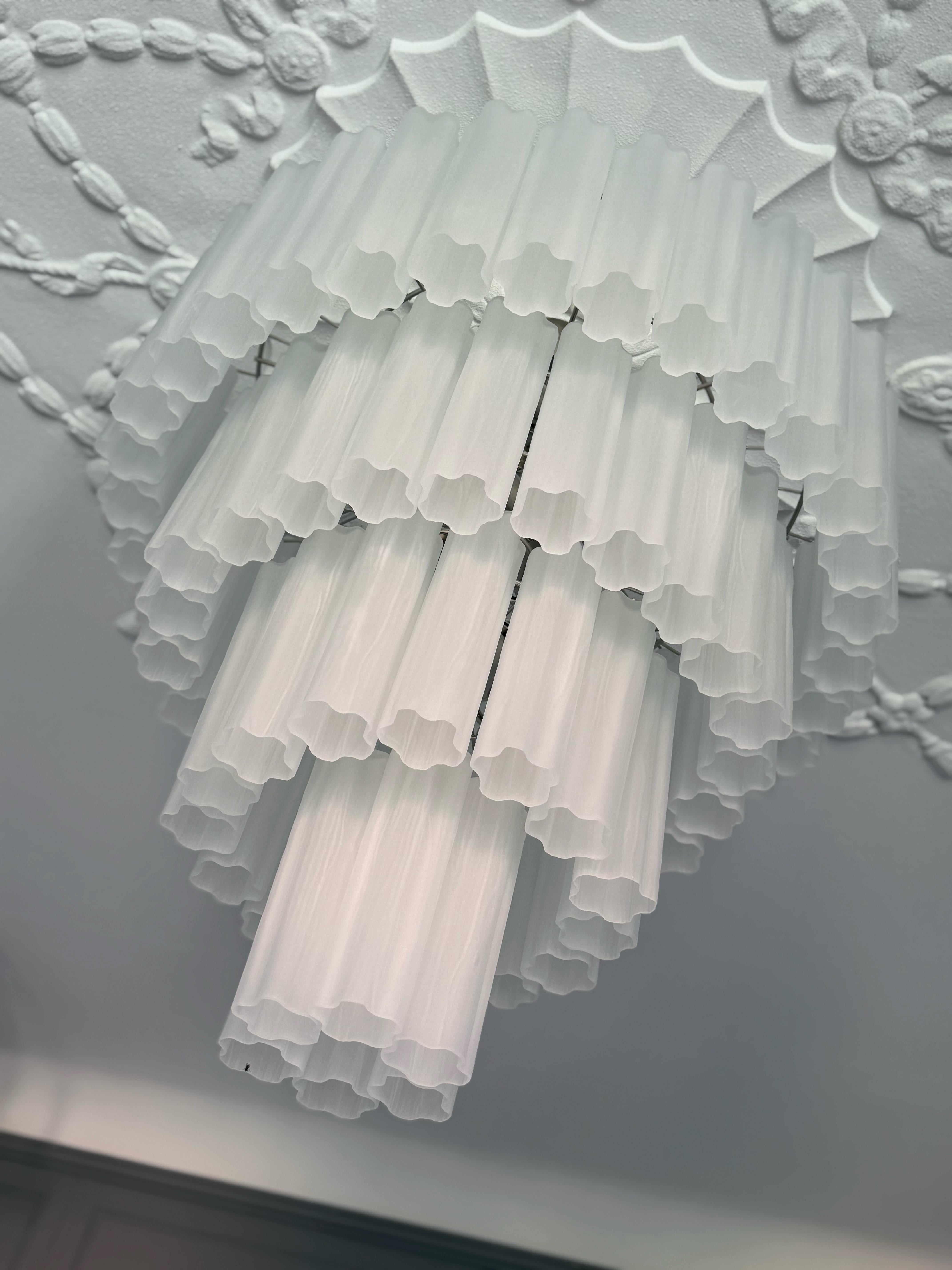 Italian Pair of Large Eclectic White Statement Murano Chandeliers Tronchi Venini style. For Sale