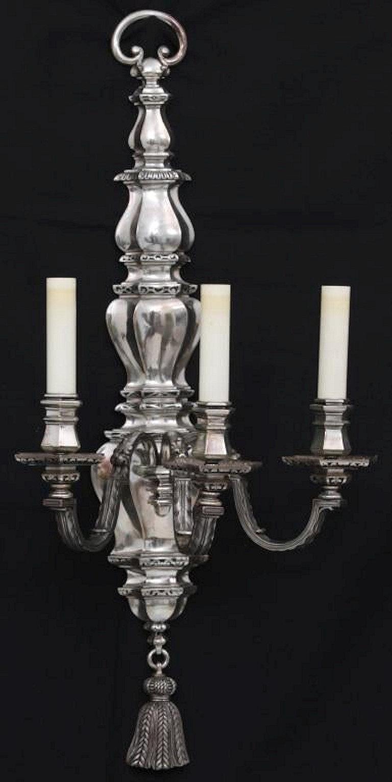 Pair of Large E.F. Caldwell Silvered Metal 3-Light Sconces For Sale 4