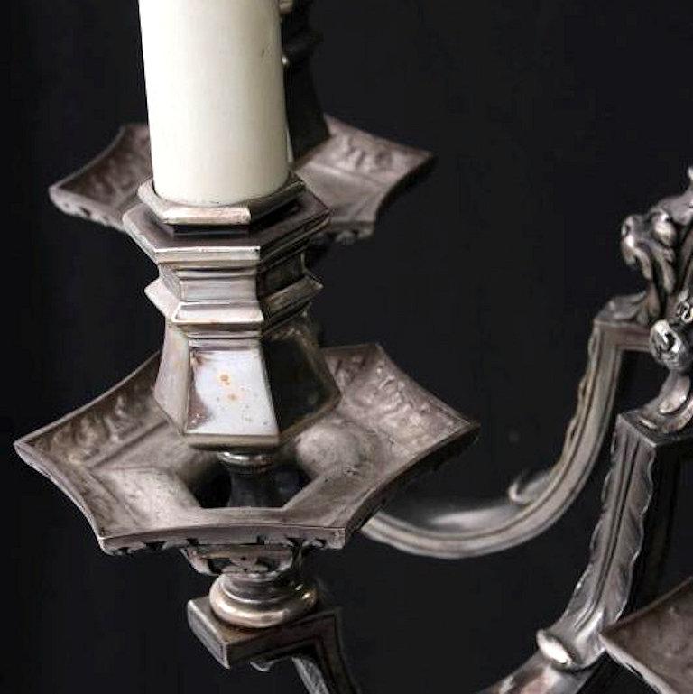 Early 20th Century Pair of Large E.F. Caldwell Silvered Metal 3-Light Sconces For Sale