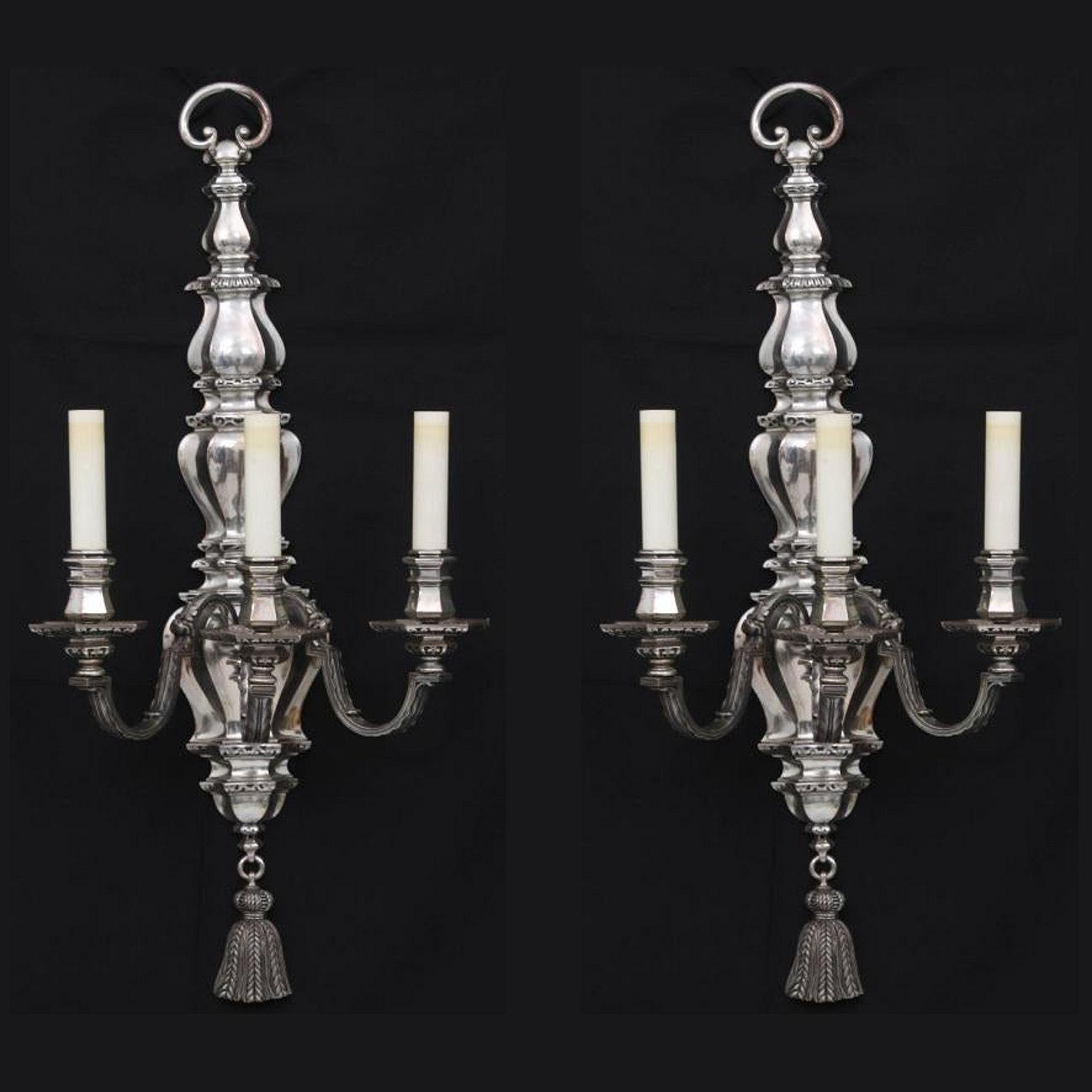 Pair of Large E.F. Caldwell Silvered Metal 3-Light Sconces For Sale 3