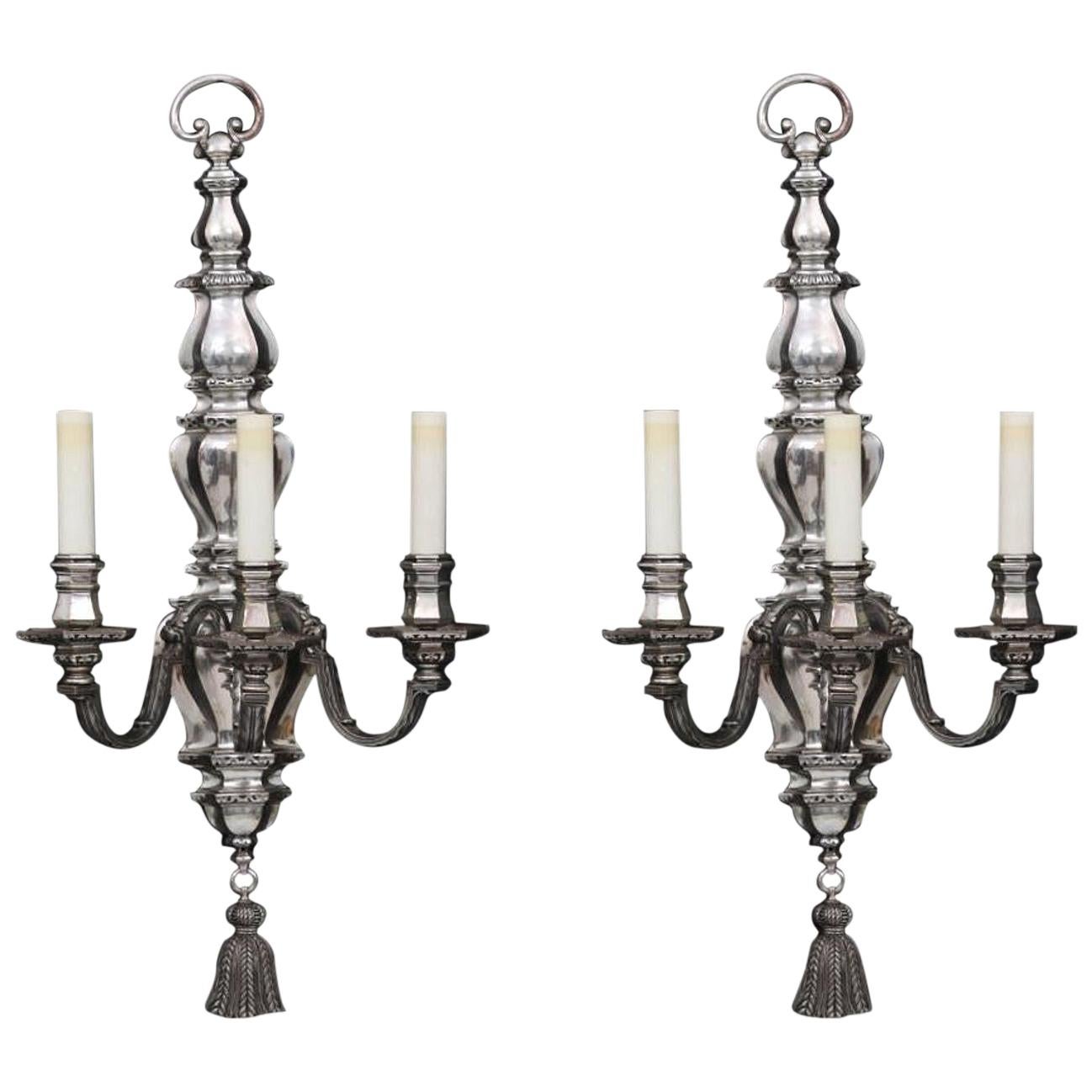 Pair of Large E.F. Caldwell Silvered Metal 3-Light Sconces