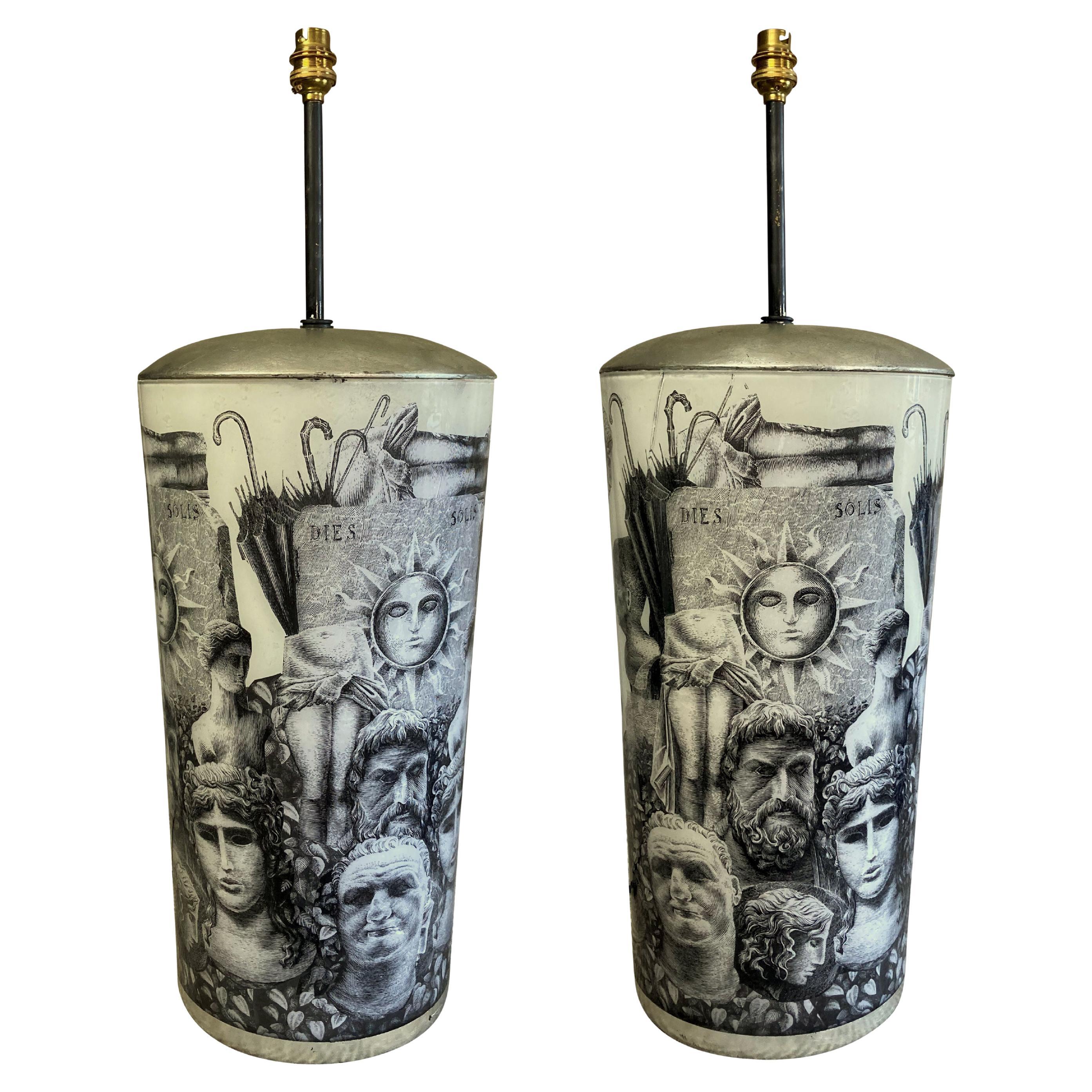 Pair of Large Eglomise Lamps in the Manner of Fornasetti