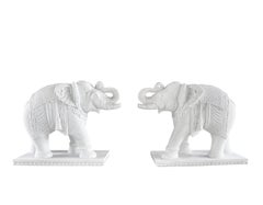 Pair of Monumental Elephant Statues, Hand-Carved White Marble, India