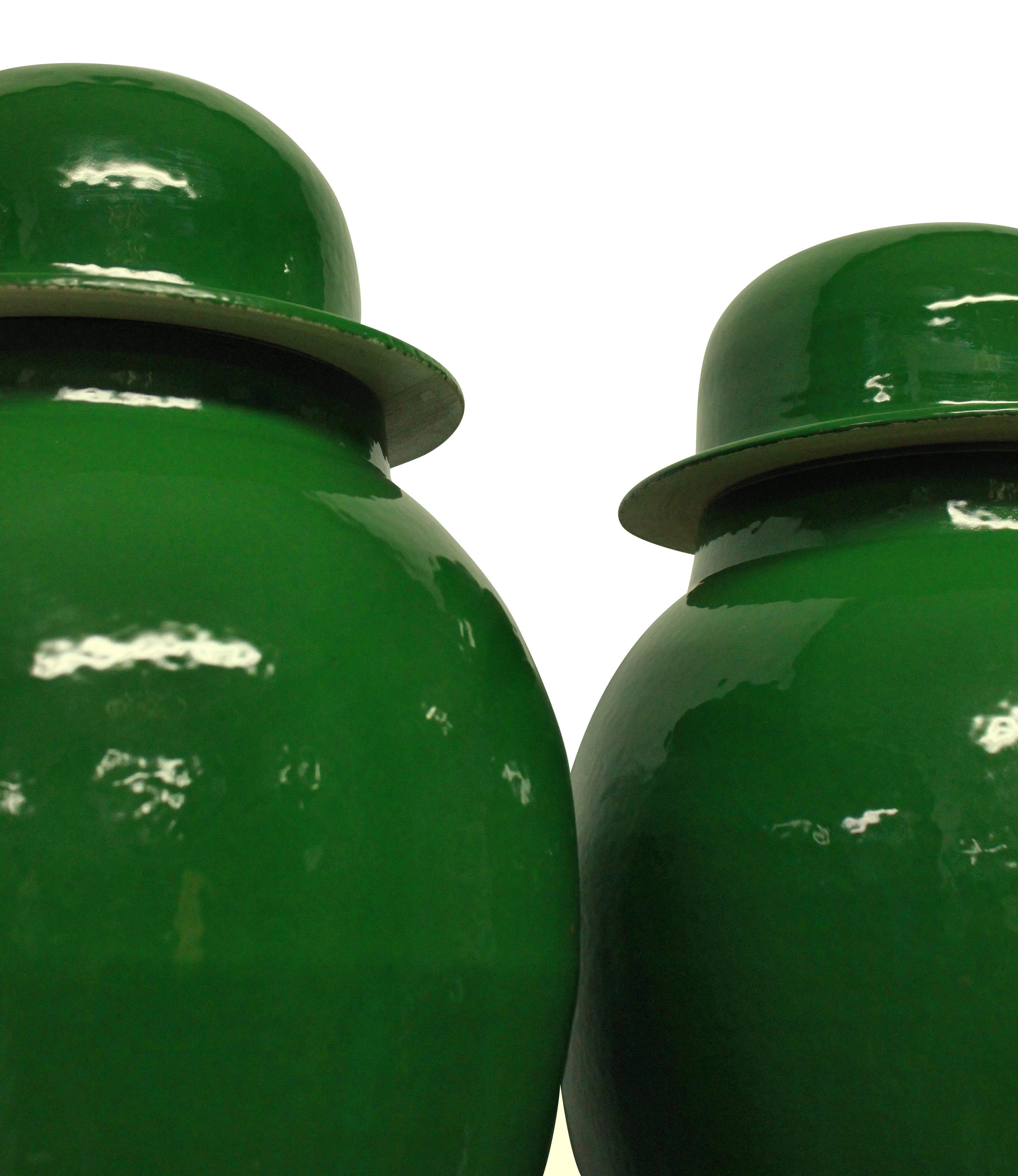 Mid-20th Century Pair of Large Emerald Green Chinese Glazed Vases