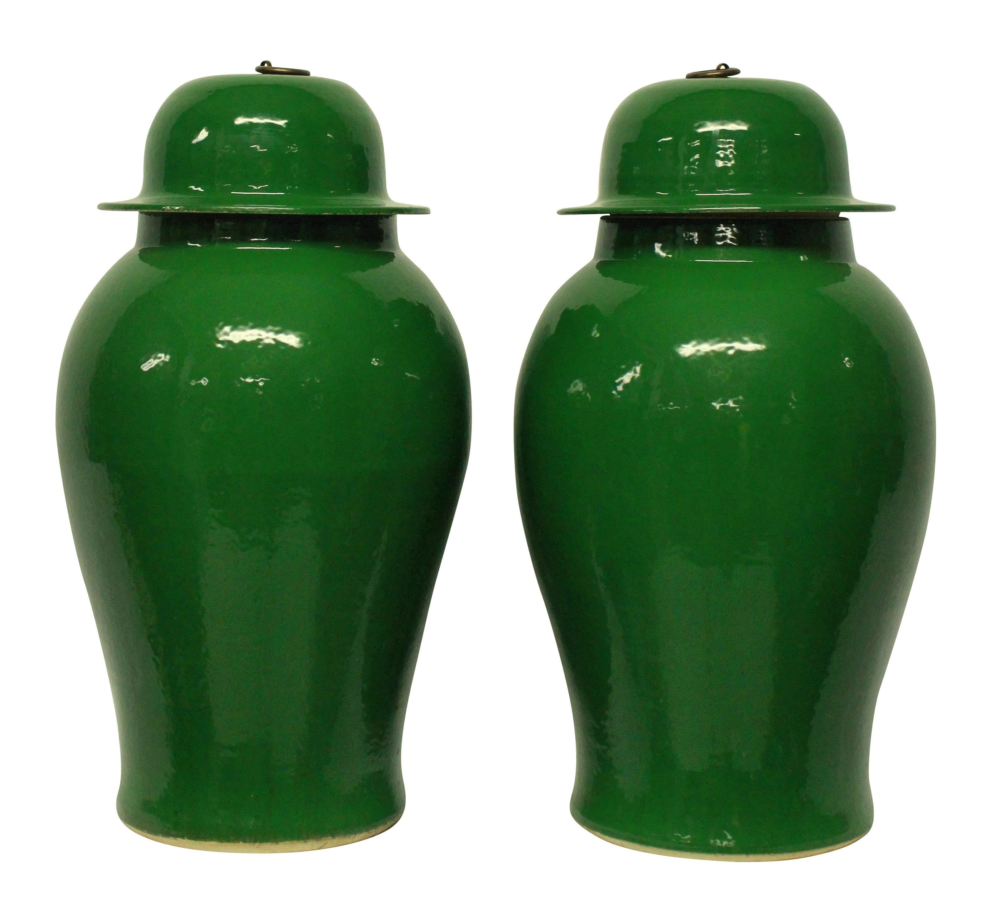 Porcelain Pair of Large Emerald Green Chinese Glazed Vases