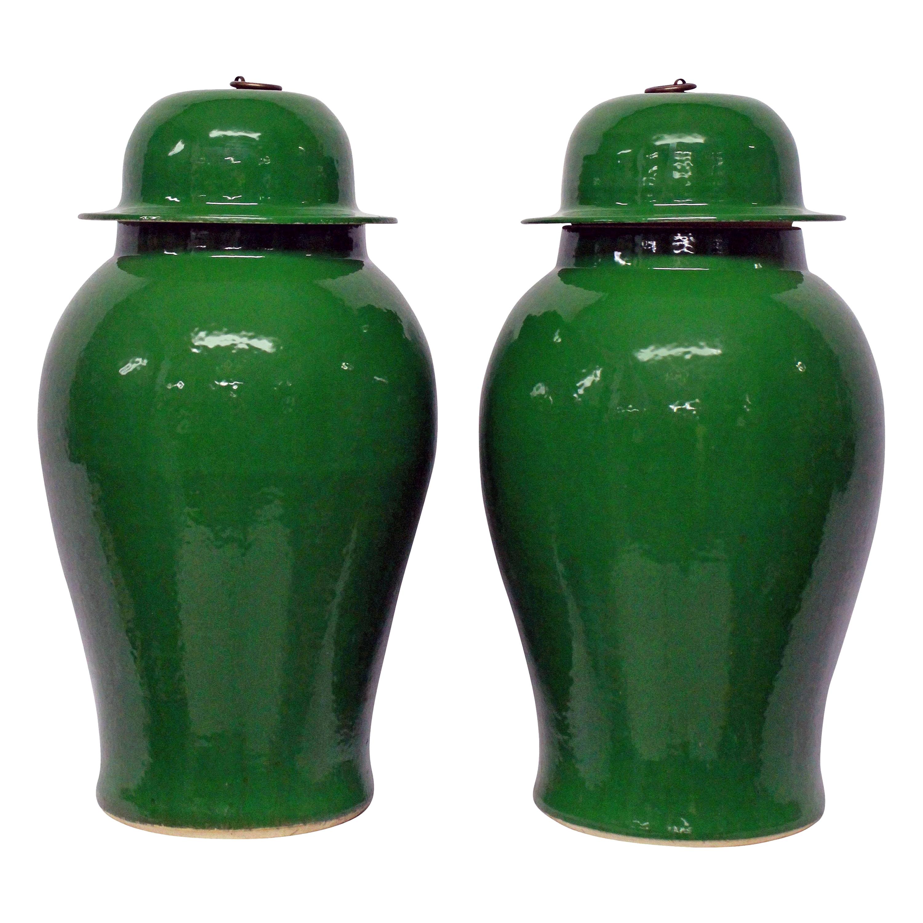 Pair of Large Emerald Green Chinese Glazed Vases