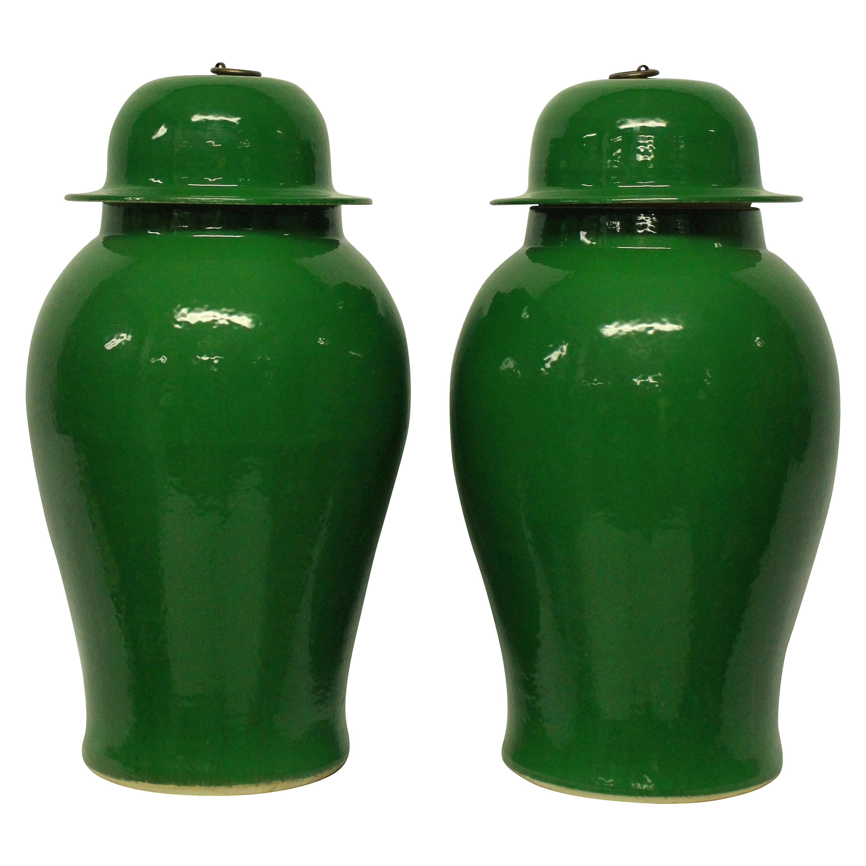 Pair of Large Emerald Green Chinese Glazed Vases