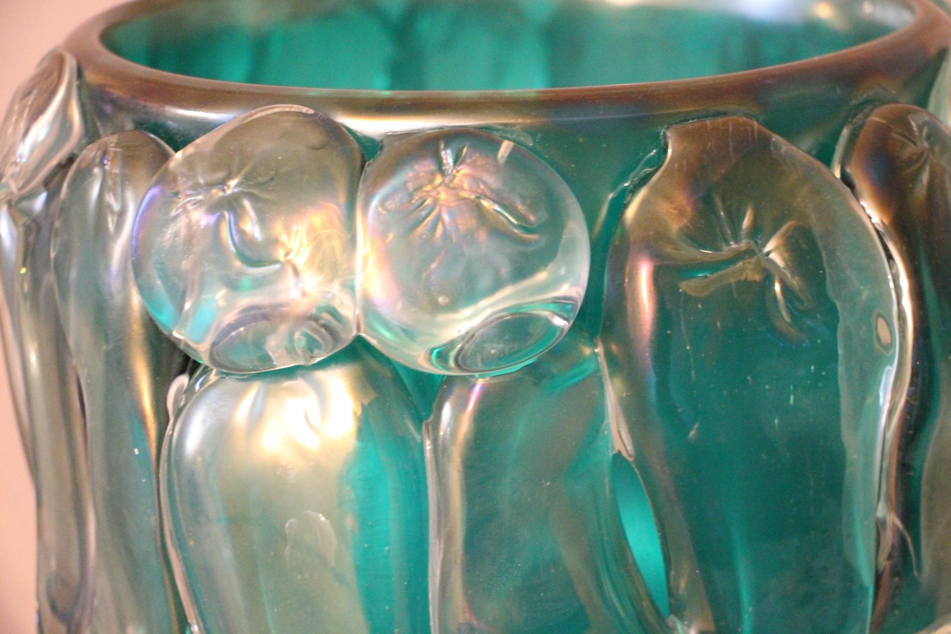 Pair of Large Emerald Green Color and Iridescent Murano Glass Vases by Cenedese 4