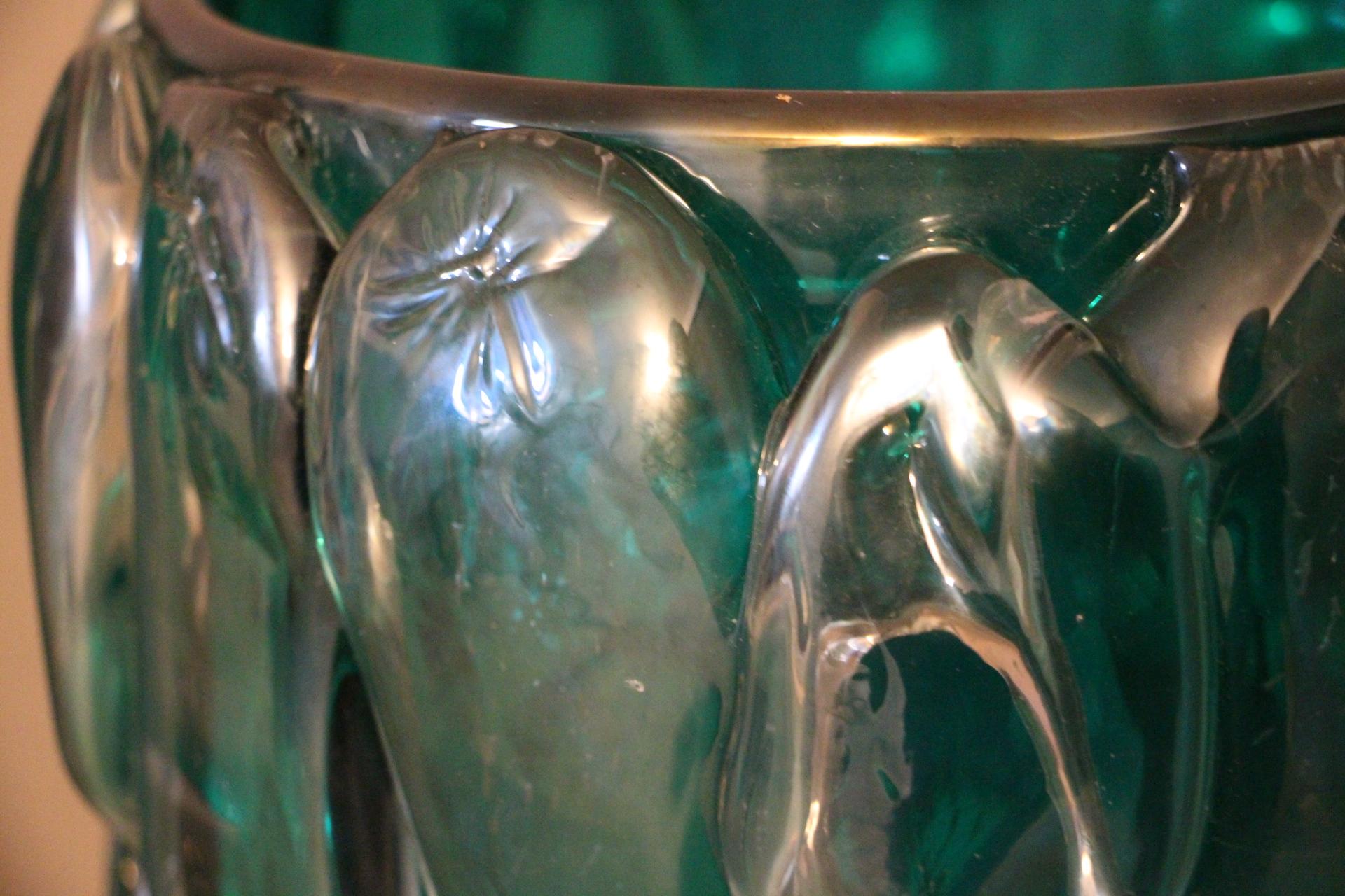 Pair of Large Emerald Green Color and Iridescent Murano Glass Vases by Cenedese 5