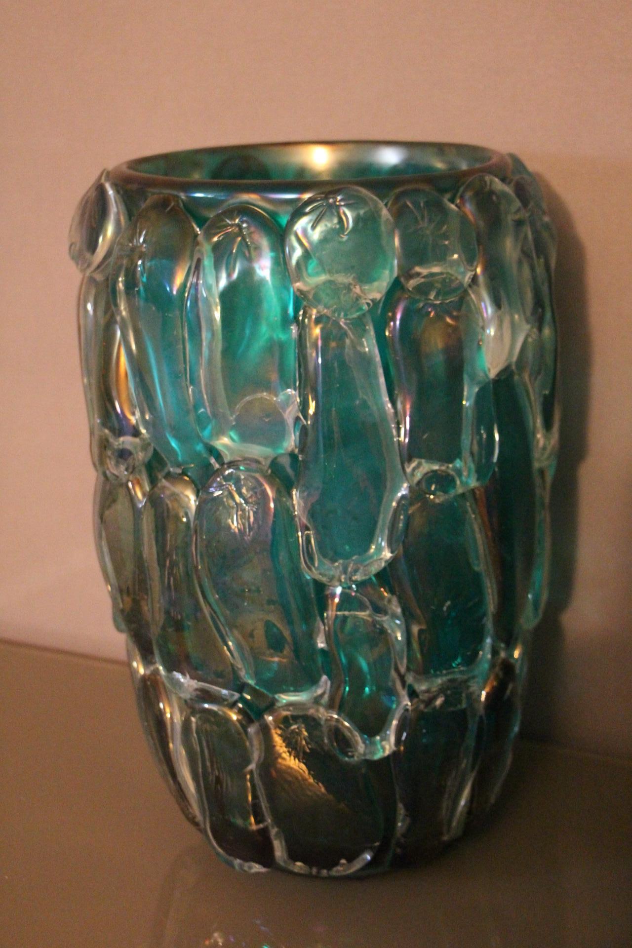 Pair of Large Emerald Green Color and Iridescent Murano Glass Vases by Cenedese 6