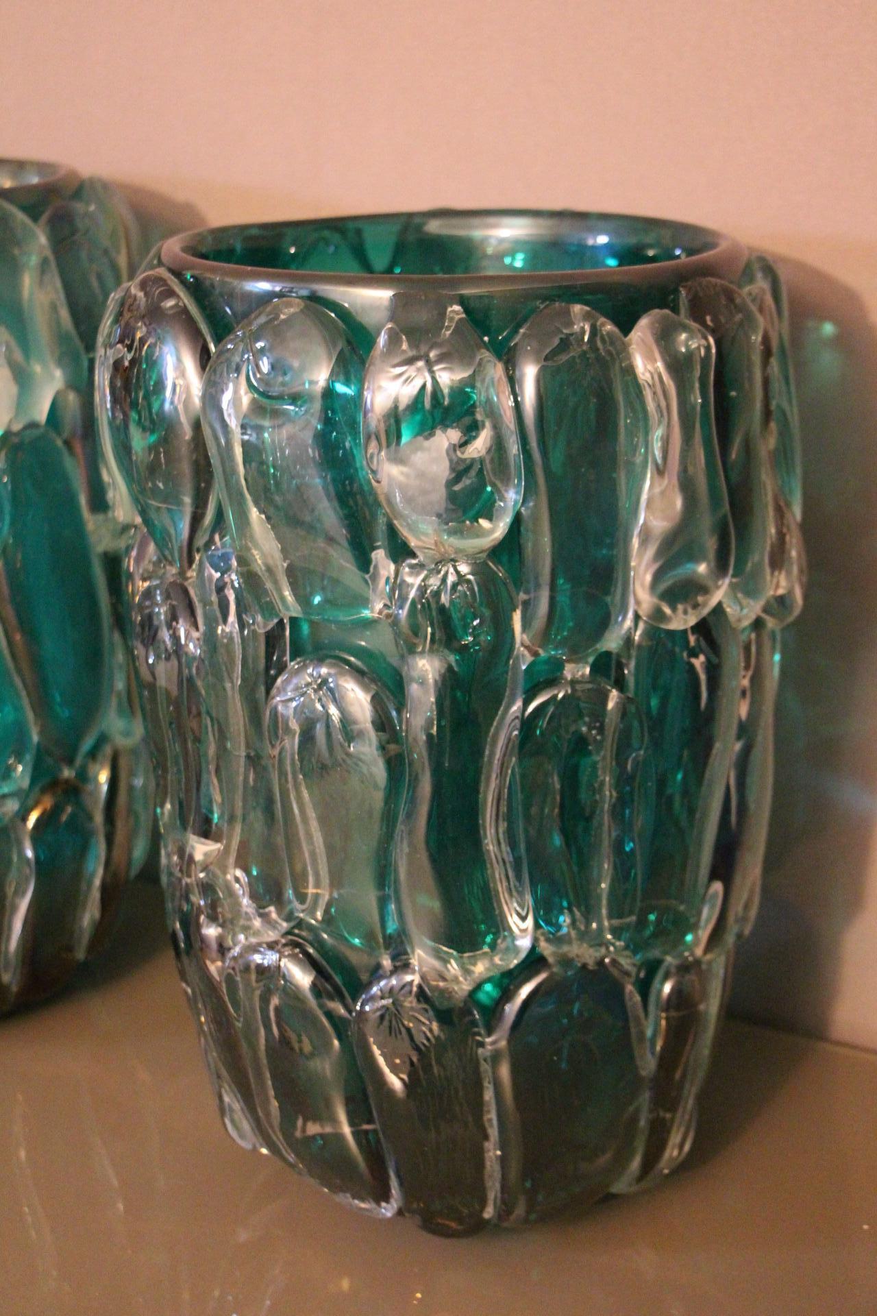 Pair of Large Emerald Green Color and Iridescent Murano Glass Vases by Cenedese 7
