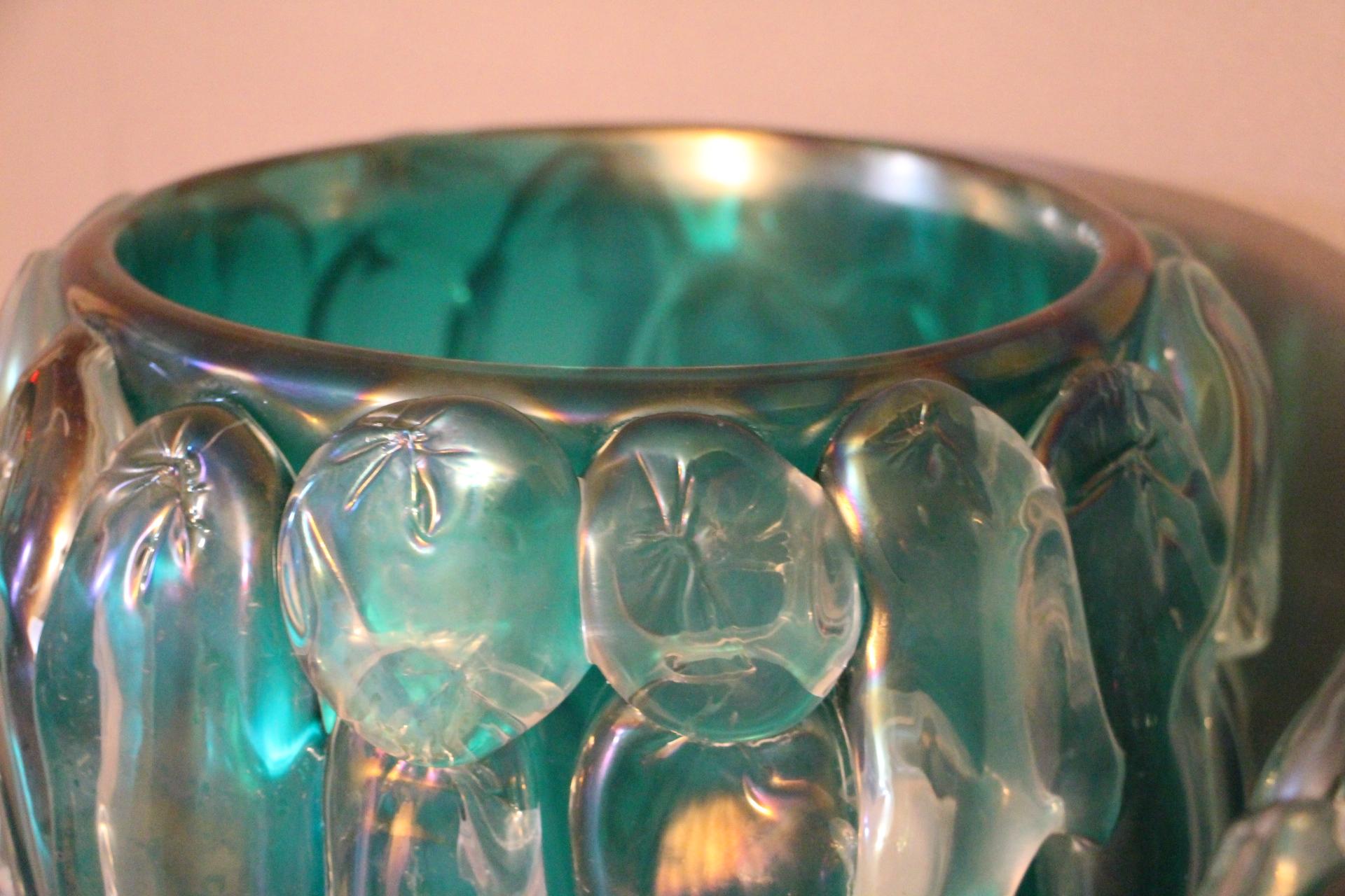 Pair of Large Emerald Green Color and Iridescent Murano Glass Vases by Cenedese 8