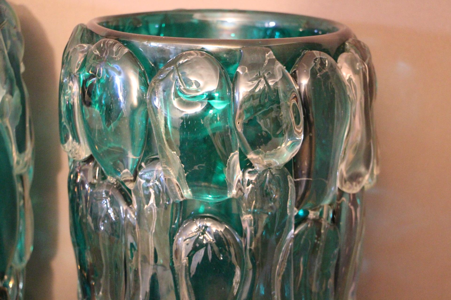 Pair of Large Emerald Green Color and Iridescent Murano Glass Vases by Cenedese 9