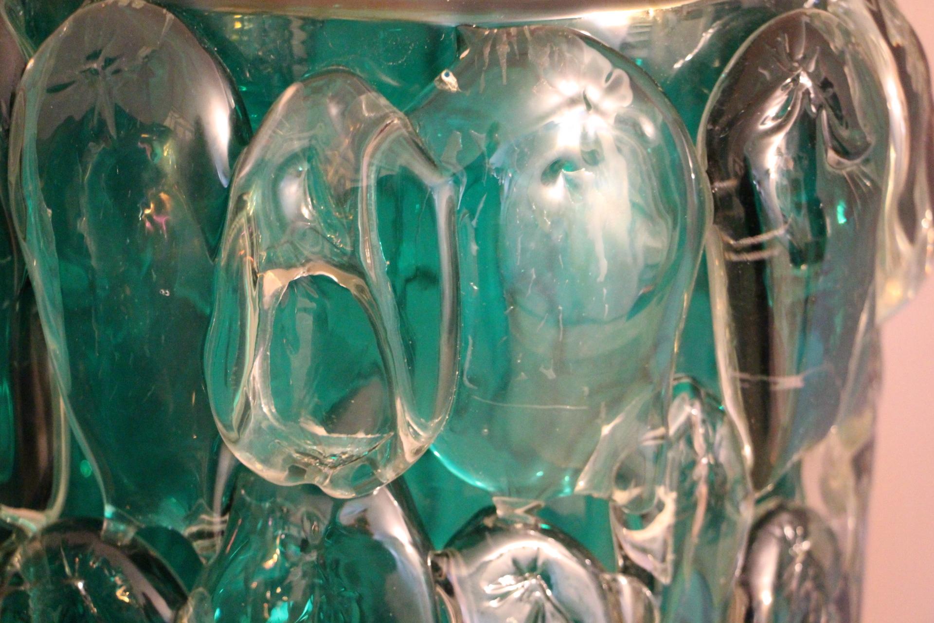 Pair of Large Emerald Green Color and Iridescent Murano Glass Vases by Cenedese 12