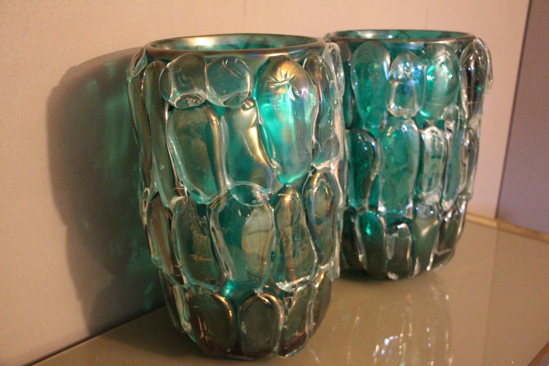 Pair of Large Emerald Green Color and Iridescent Murano Glass Vases by Cenedese 13