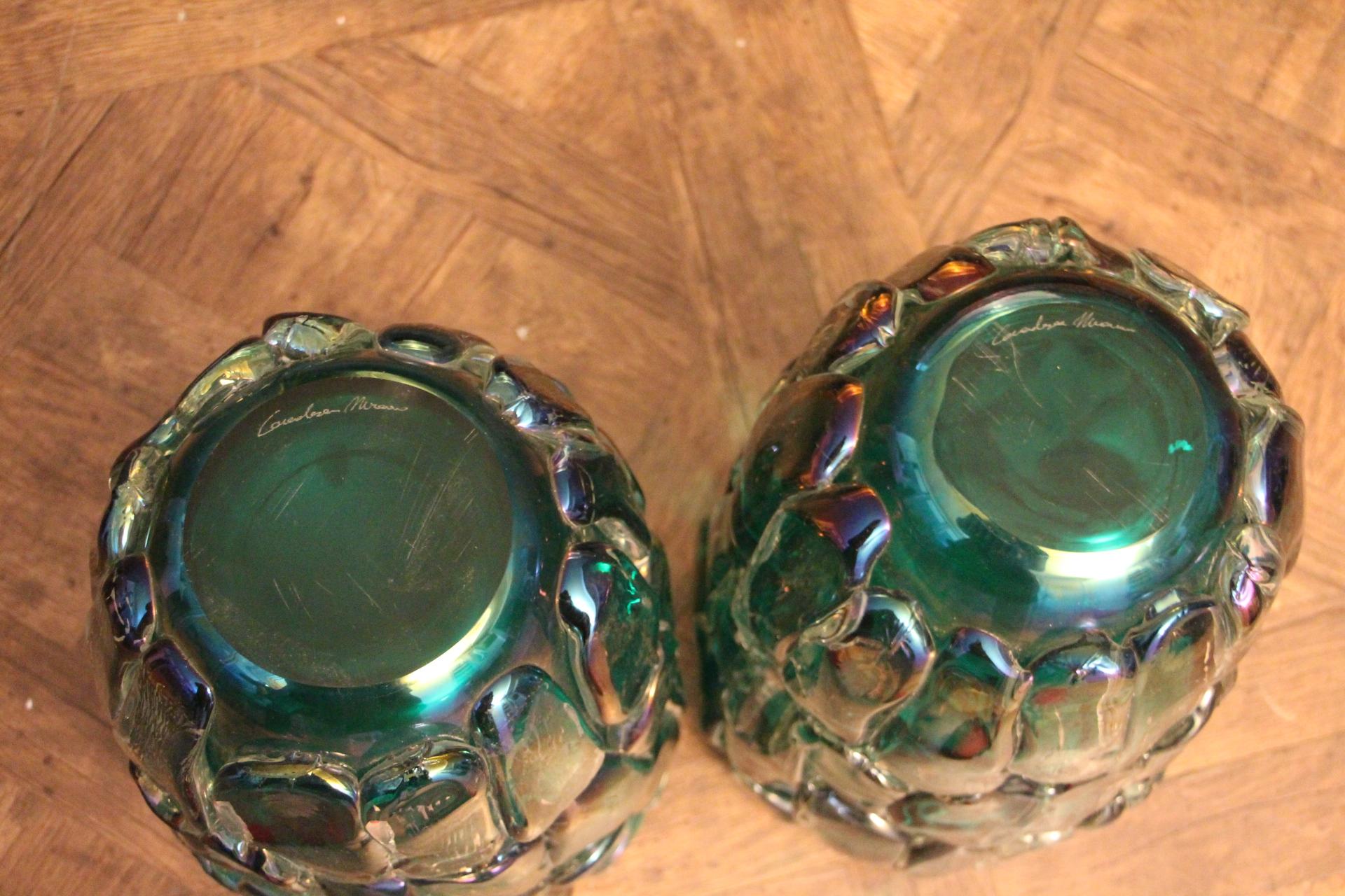 Italian Pair of Large Emerald Green Color and Iridescent Murano Glass Vases by Cenedese