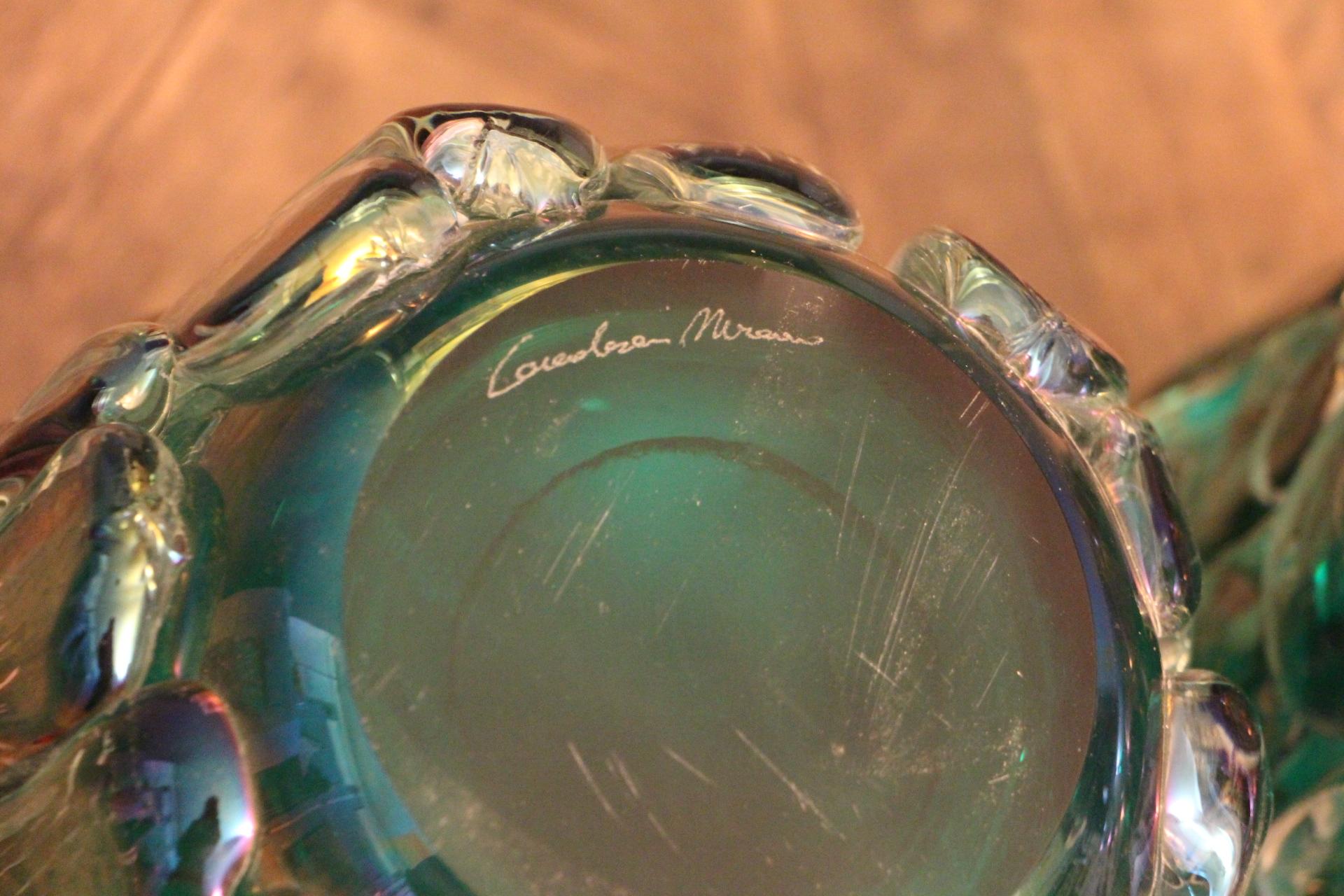 Pair of Large Emerald Green Color and Iridescent Murano Glass Vases by Cenedese In Excellent Condition In Saint-Ouen, FR