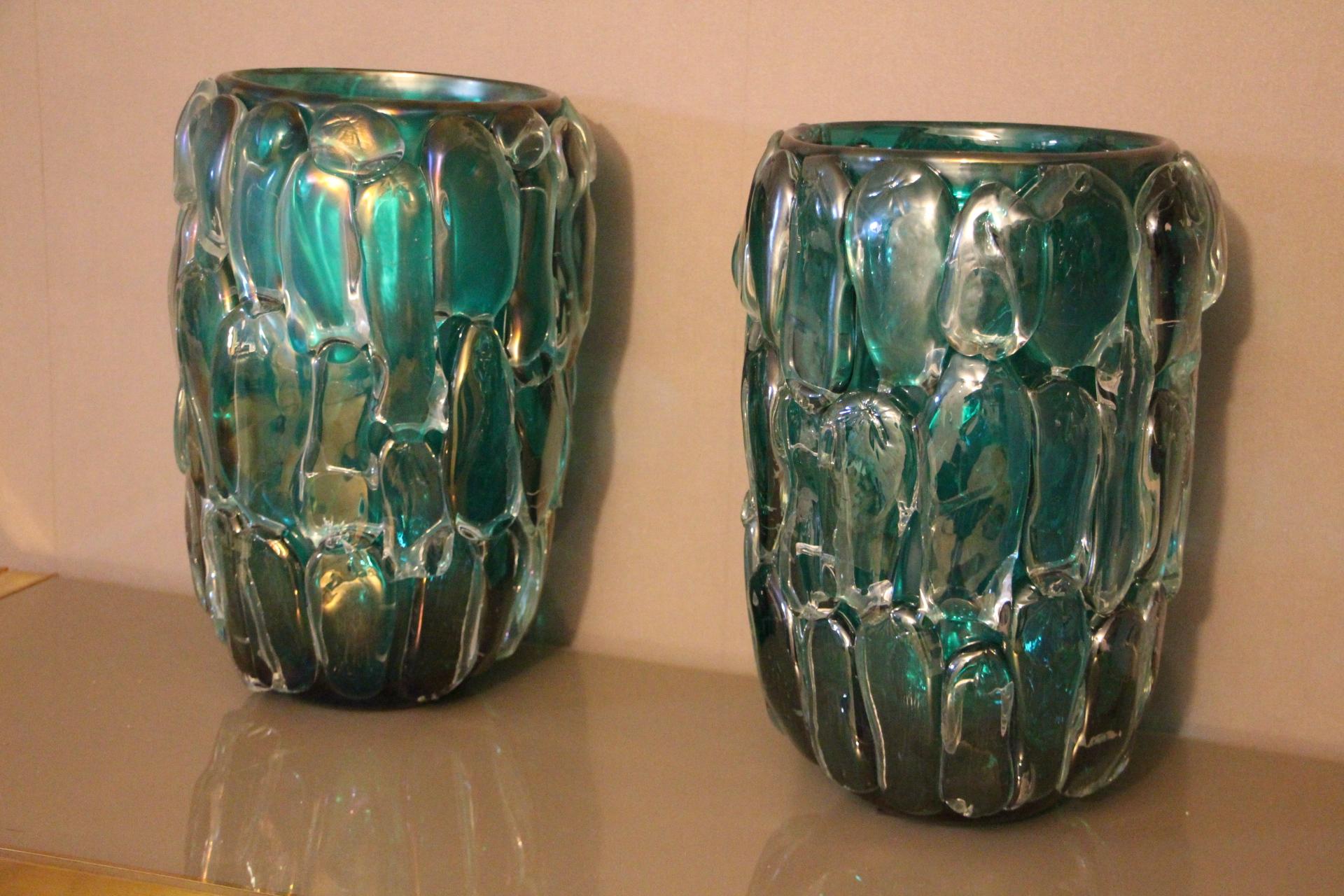20th Century Pair of Large Emerald Green Color and Iridescent Murano Glass Vases by Cenedese