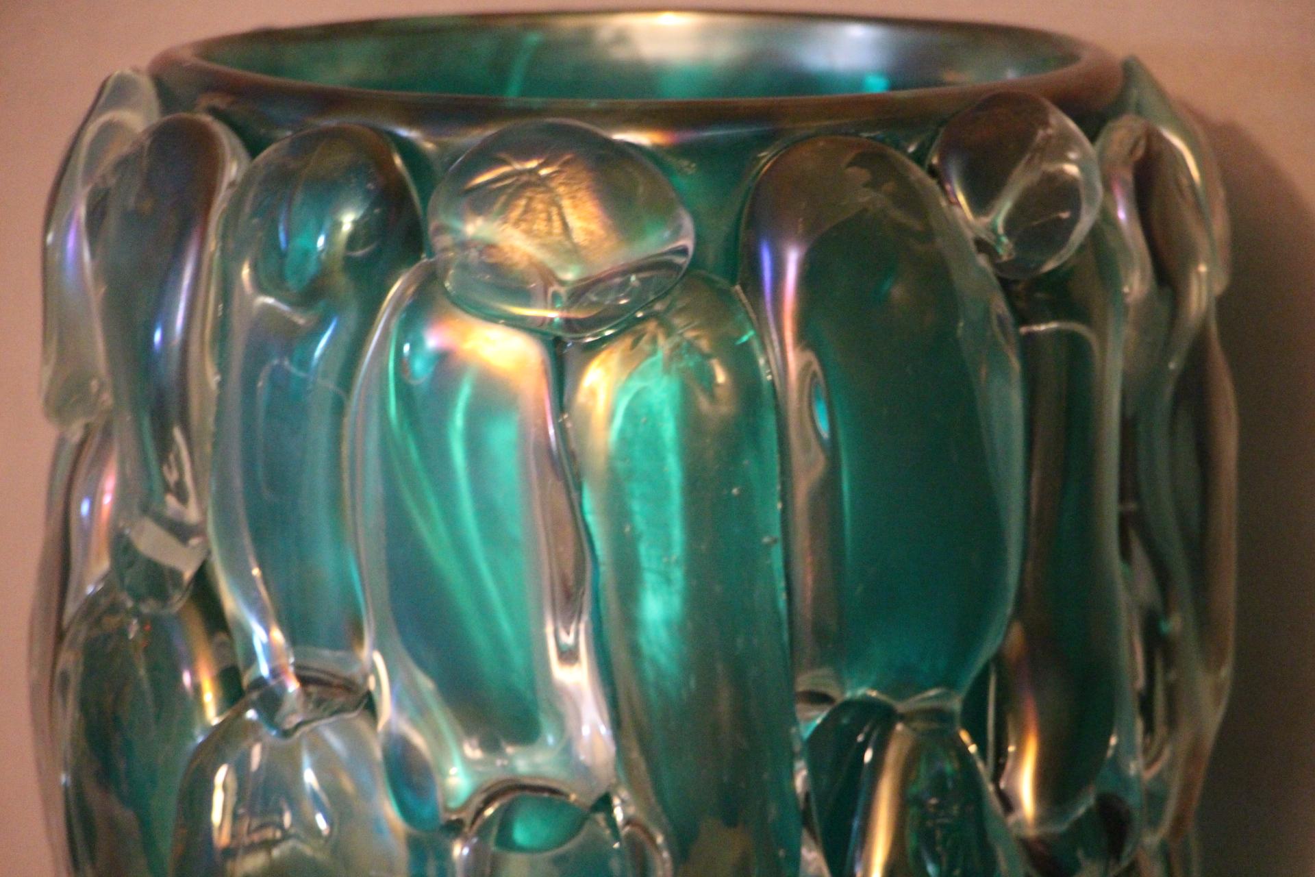 Pair of Large Emerald Green Color and Iridescent Murano Glass Vases by Cenedese 1