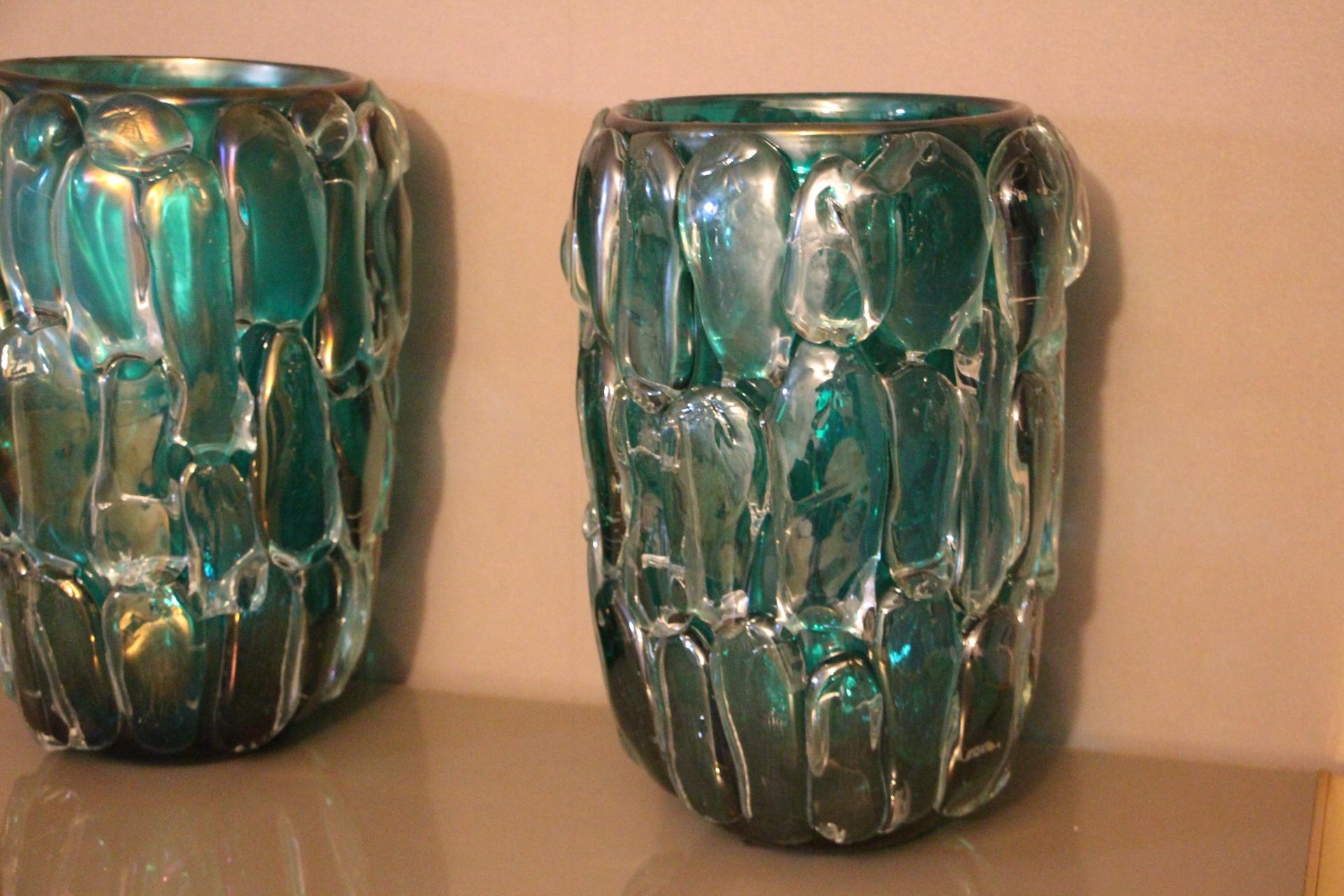 Pair of Large Emerald Green Color and Iridescent Murano Glass Vases by Cenedese 2